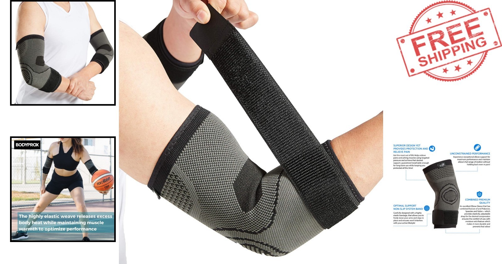 Medium Compression Elbow Sleeves with Strap – Tennis & Golf Pain Relief, 2-Pack