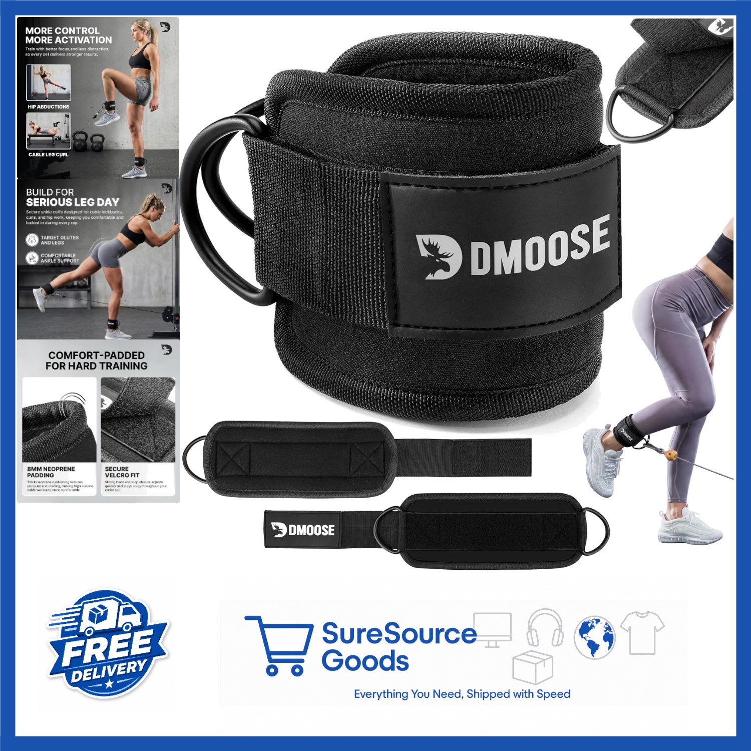 Durable Ankle Strap for Cable Machine with 8mm Padding for Comfort & Support