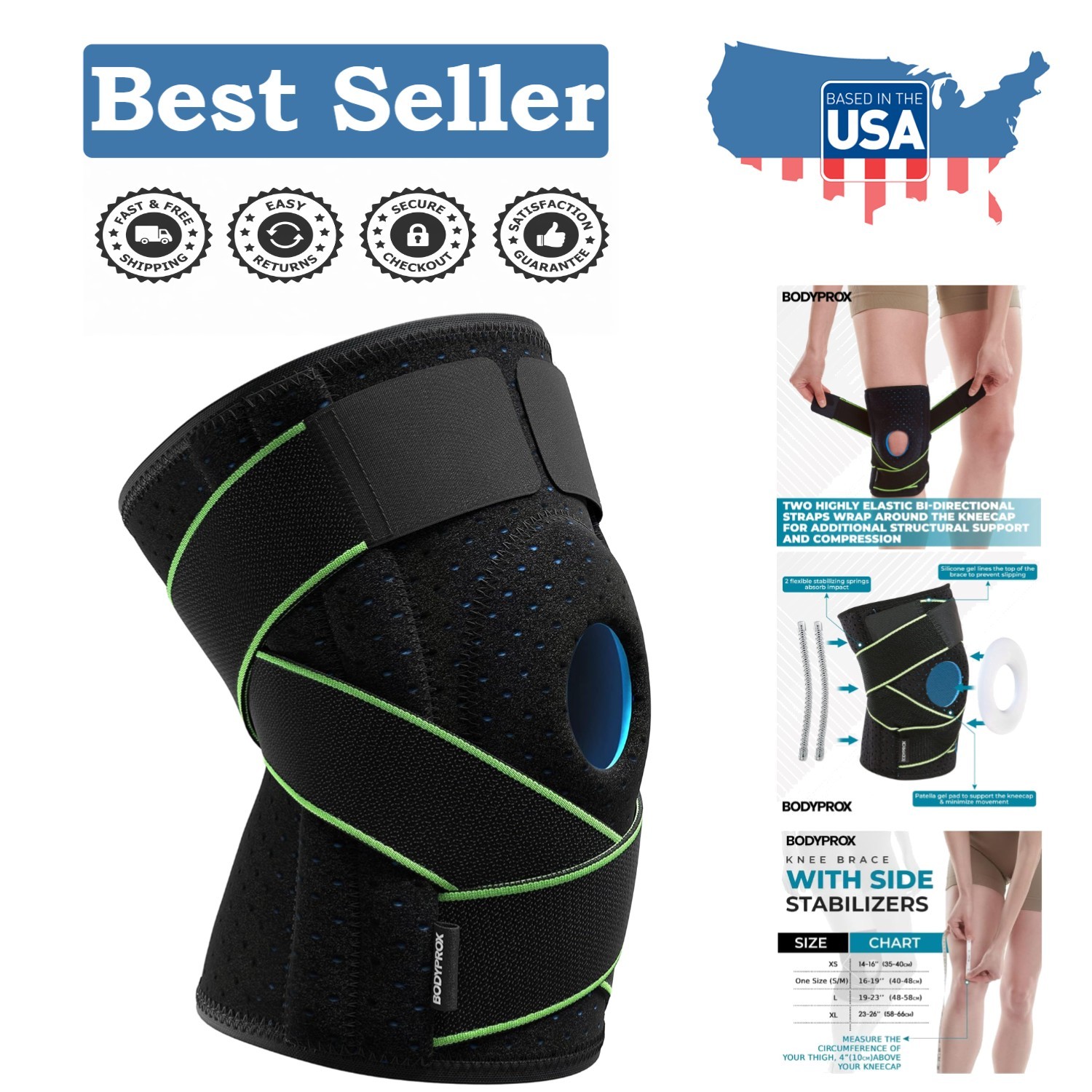 Adjustable Knee Brace with Side Stabilizers & Patella Gel Pads for Pain Relief