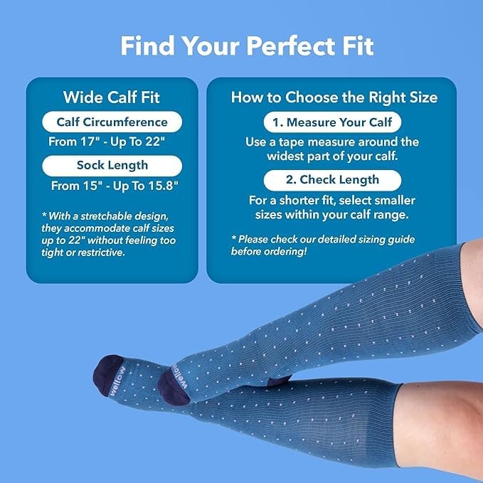 Wellow Wide Calf Compression Socks for Men & Medium, Cobalt Dot