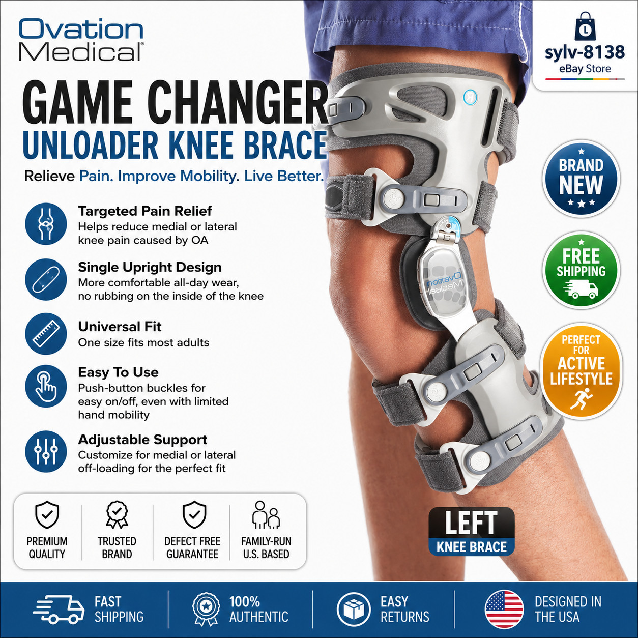 New Ovation Game Changer Right OA Knee Brace Arthritis Support One Size Adult