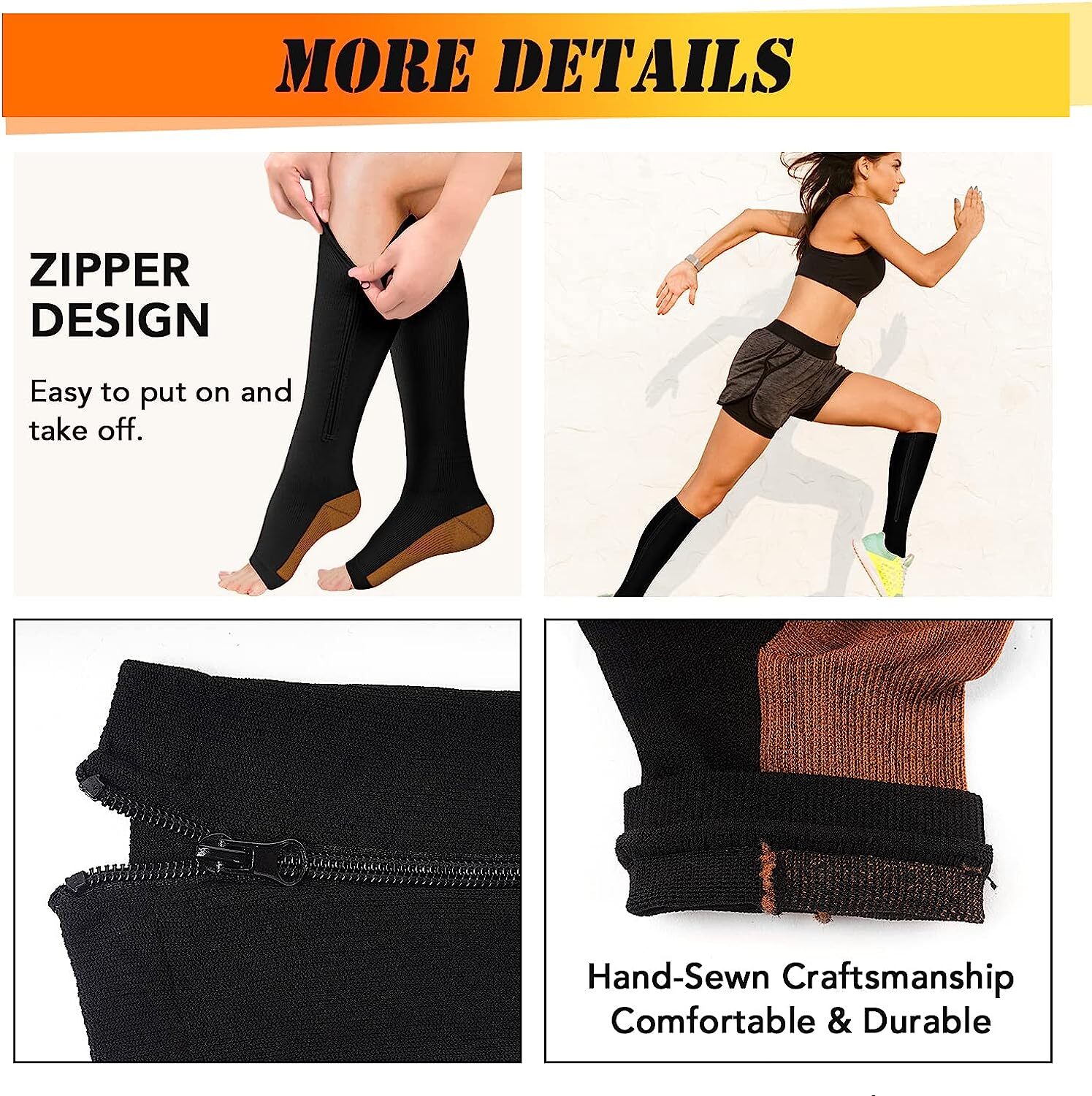 Zipper Compression Socks Support Anti-Fatigue Stockings Men Women 20-30mmHg 2PCS
