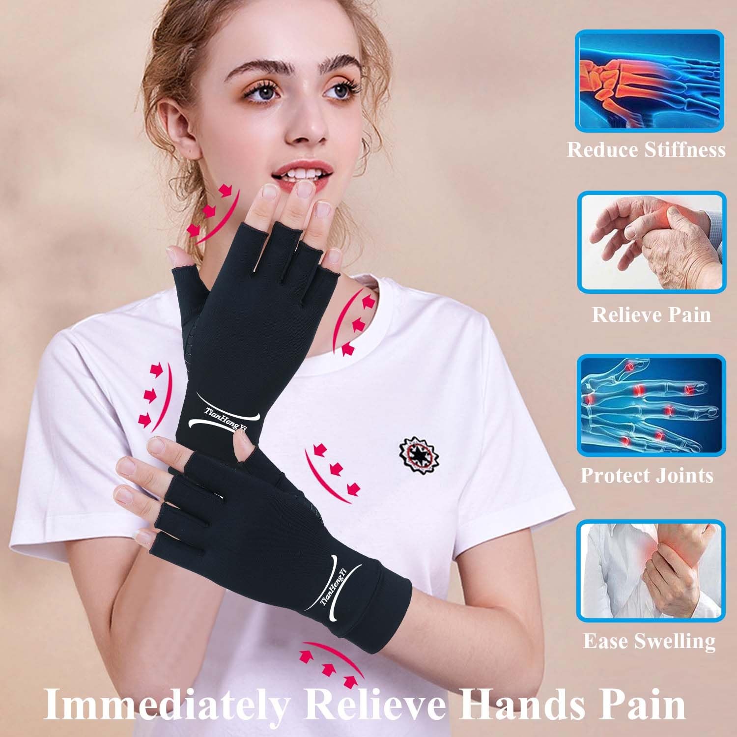 2 Pairs Copper Arthritis Gloves for Relief Pain, Compression Gloves Fingerless f