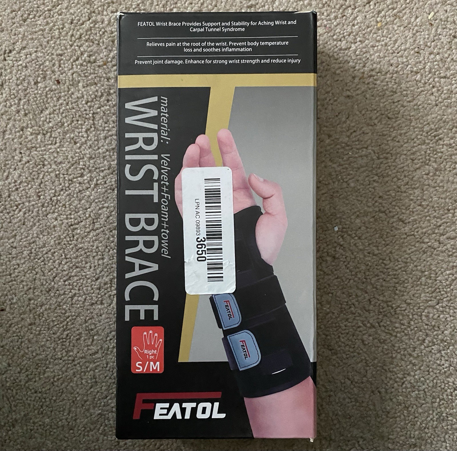 NEW Unisex Black Carpal Tunnel Sprain Wrist Brace sz S/M for Right Hand FEATOL