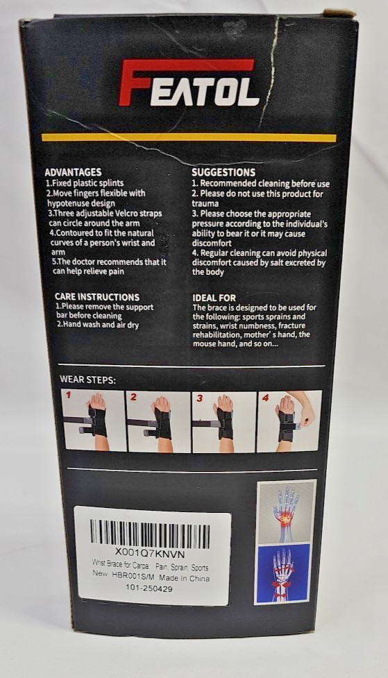 FEATOL Unisex Black Carpal Tunnel Sprain Wrist Brace sz S/M for Right Hand