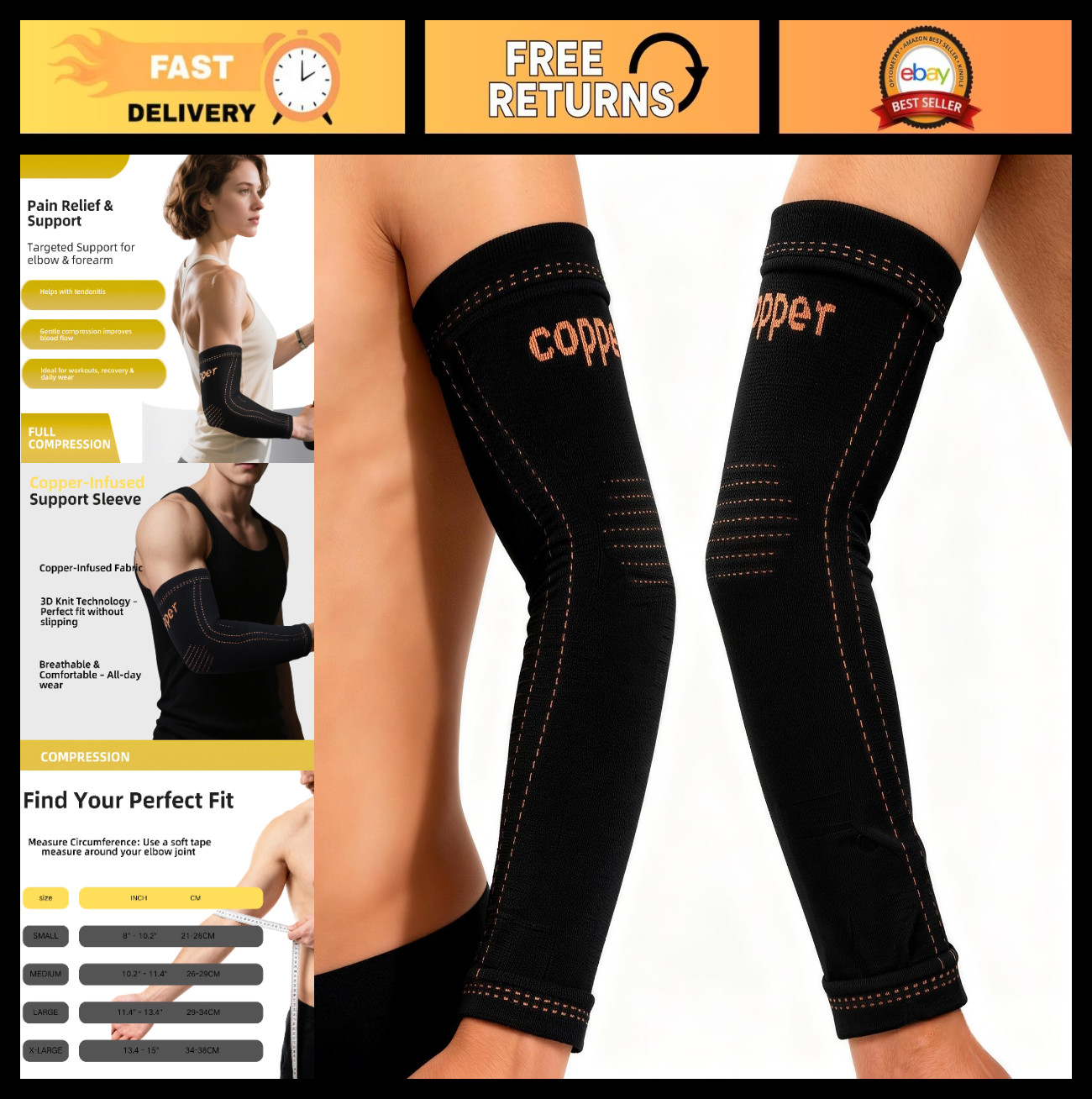 Compression Arm Sleeve Pair for Tennis Elbow & Tendonitis, Sports Support – Blac