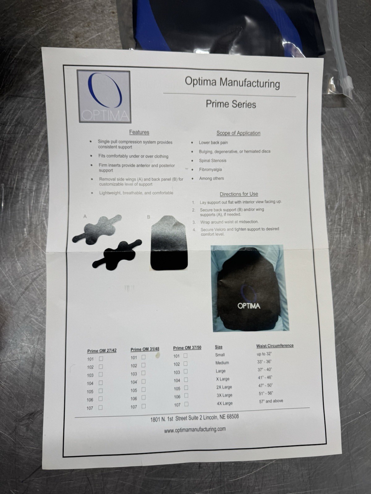 Optima Manufacturing Prime Series Therapy Back Brace/ Suport w/ Carrying Bag XL