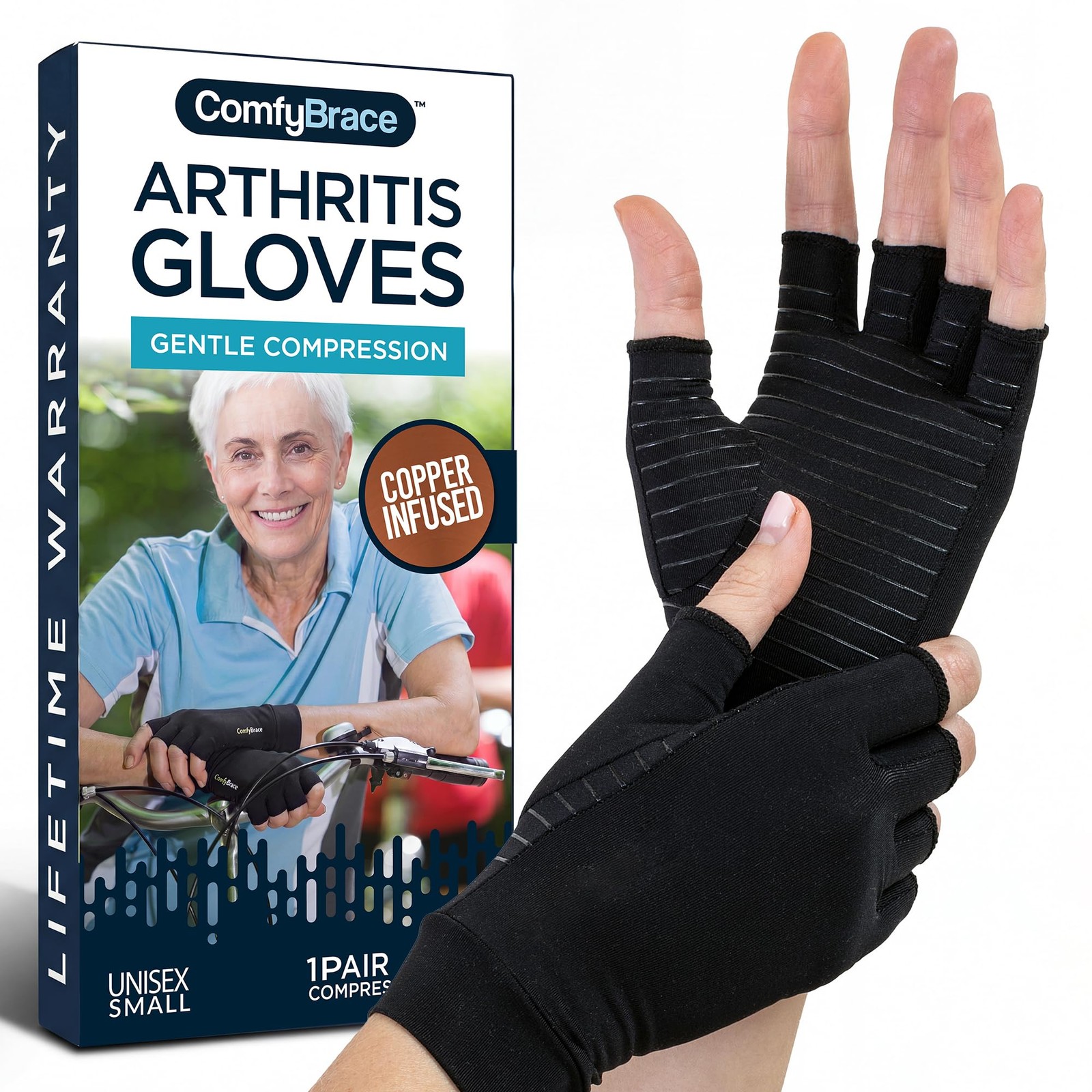 ComfyBrace Copper Arthritis Gloves, Hand Compression Medium (1 Pair), Black