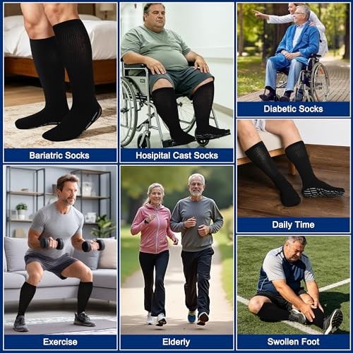 Extra Width Socks for Swollen Feet-4 Pairs Hospital Grip One Size Black