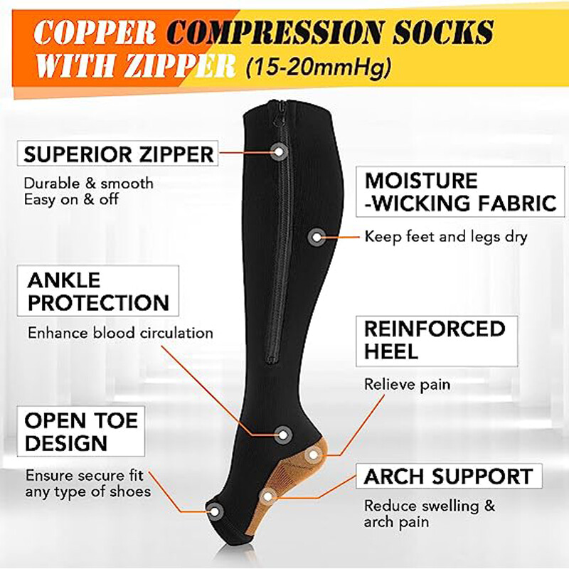 Copper Compression Support Zipper Socks Graduated Stocking Men Women 20-30mmHg