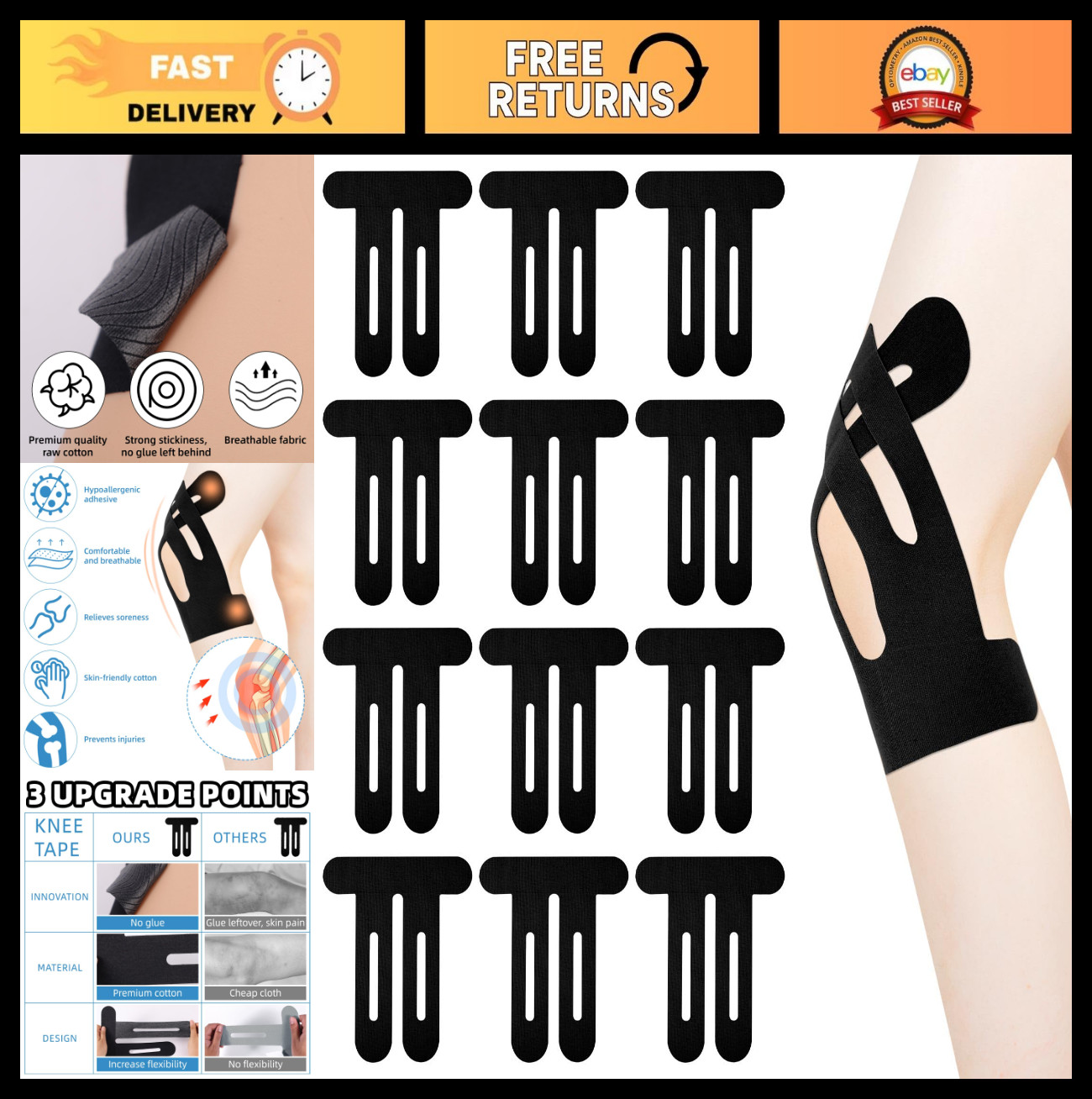 12pcs Kinesiology Tape Strips – Breathable, Elastic, Waterproof Knee Support & S