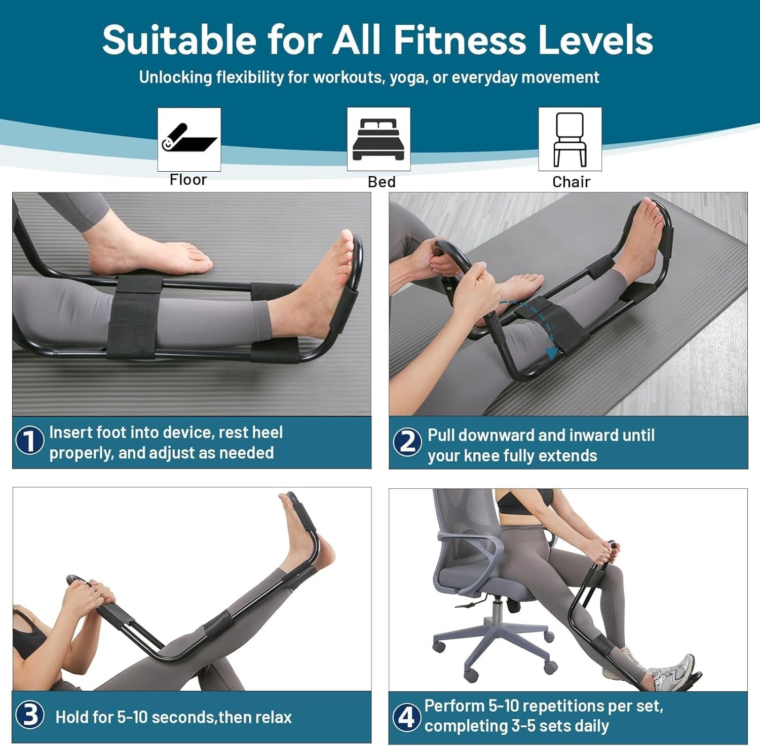 Hamstring Stretcher, Knee Extension Device, Lower Back, Hip & Calf Stretching