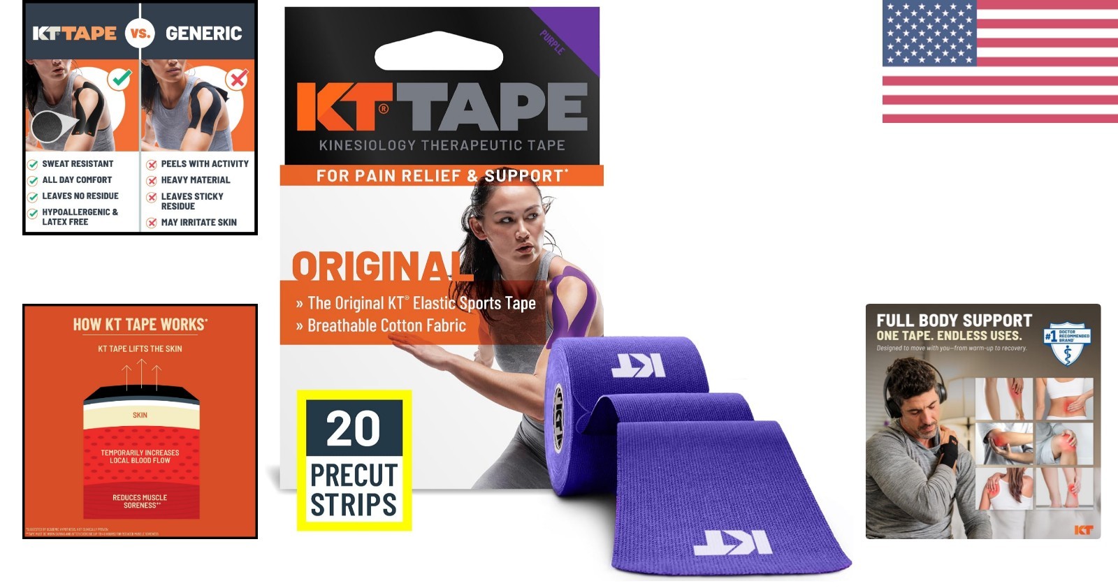 Kinesiology Tape 20 Count – 10” Precut Strips – Hypoallergenic & Elastic