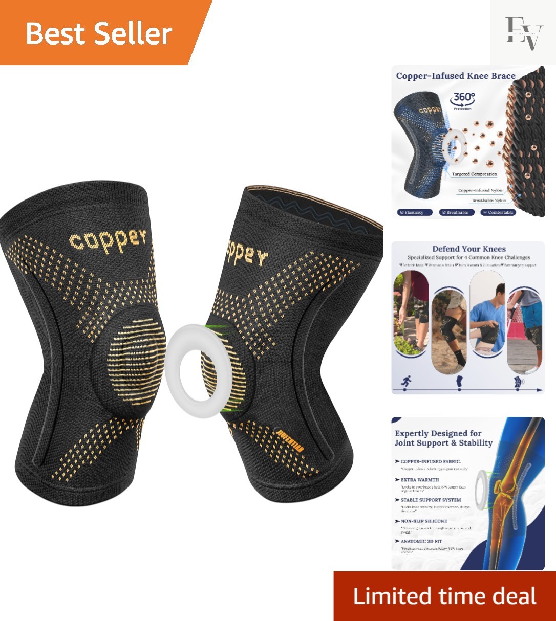 Anti-Slip Copper Knee Braces for Swelling Relief & Enhanced Mobility – 2 Pack