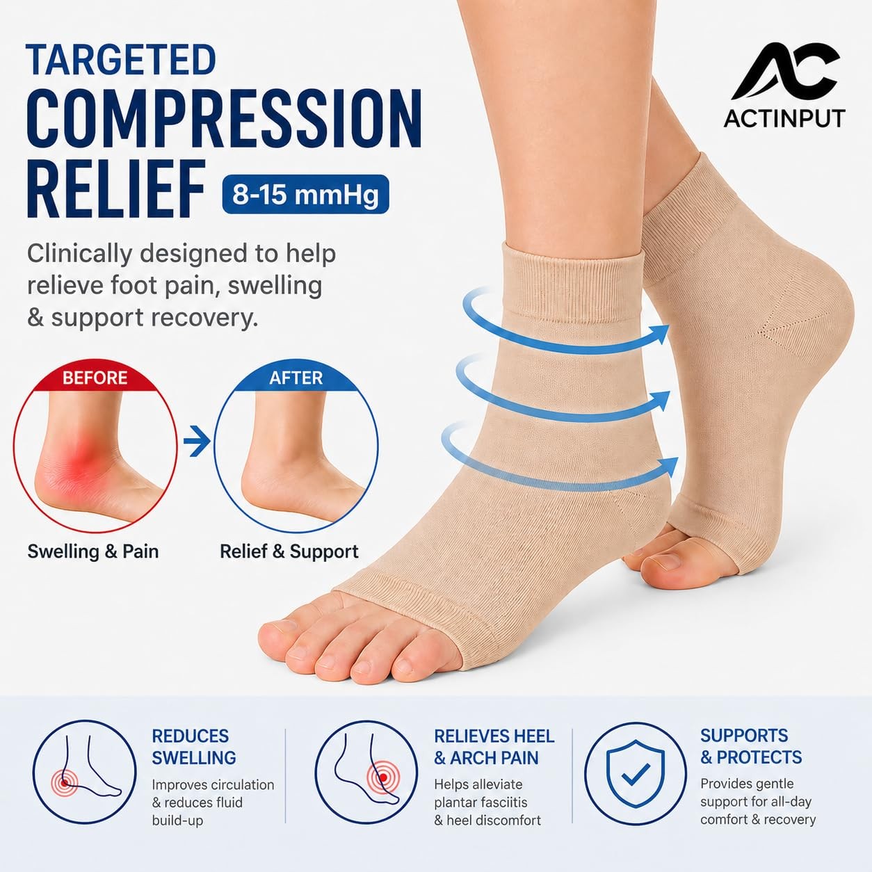 Ankle Brace Compression Sleeve Socks 2 Pack for Small-Medium, Beige (2 Pack)