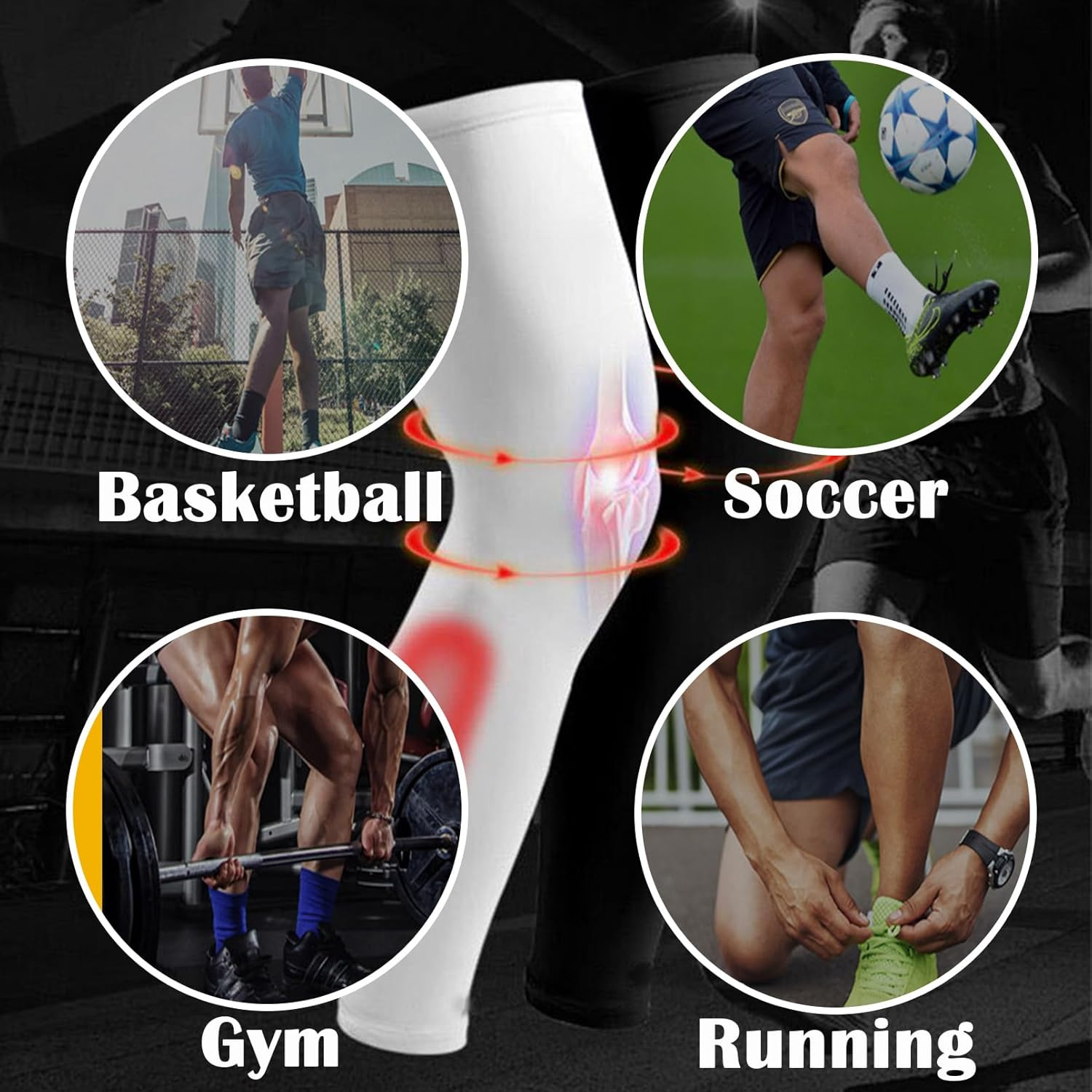 2 Pairs Compression Leg Sleeves Moisture Wicking Stretch Calf Sleeves Black Whit