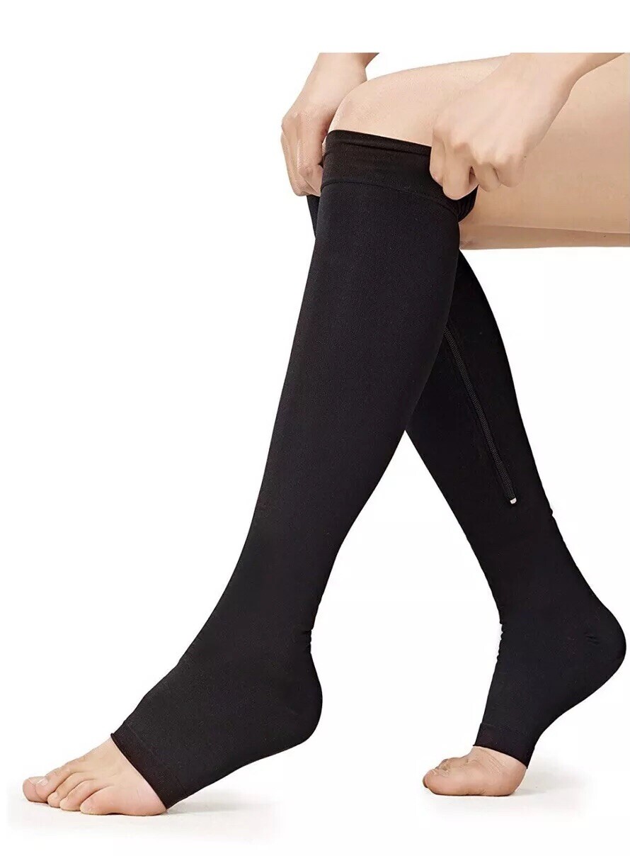 New UNCONFINE Zipper Compression Socks Open Toe Black Size Large 10-30 mmHg