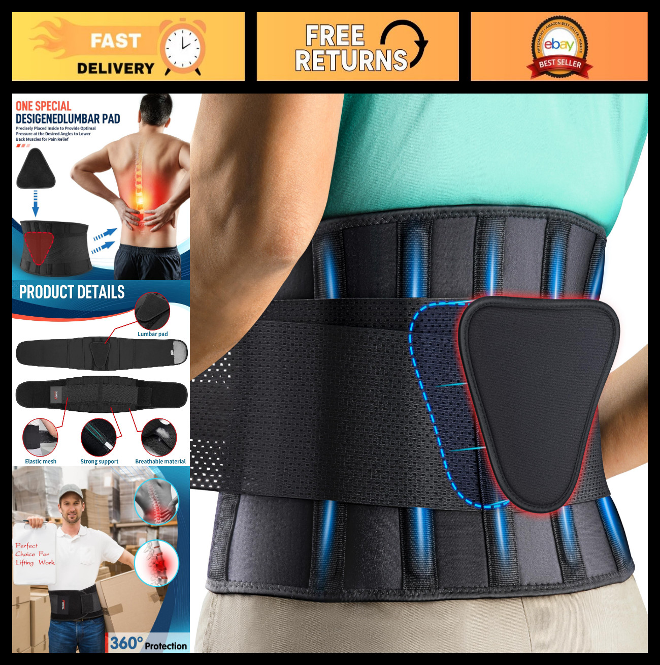Breathable Back Support Belt for Lower Back Pain Relief, Lumbar Pad, 3XL Waist 5