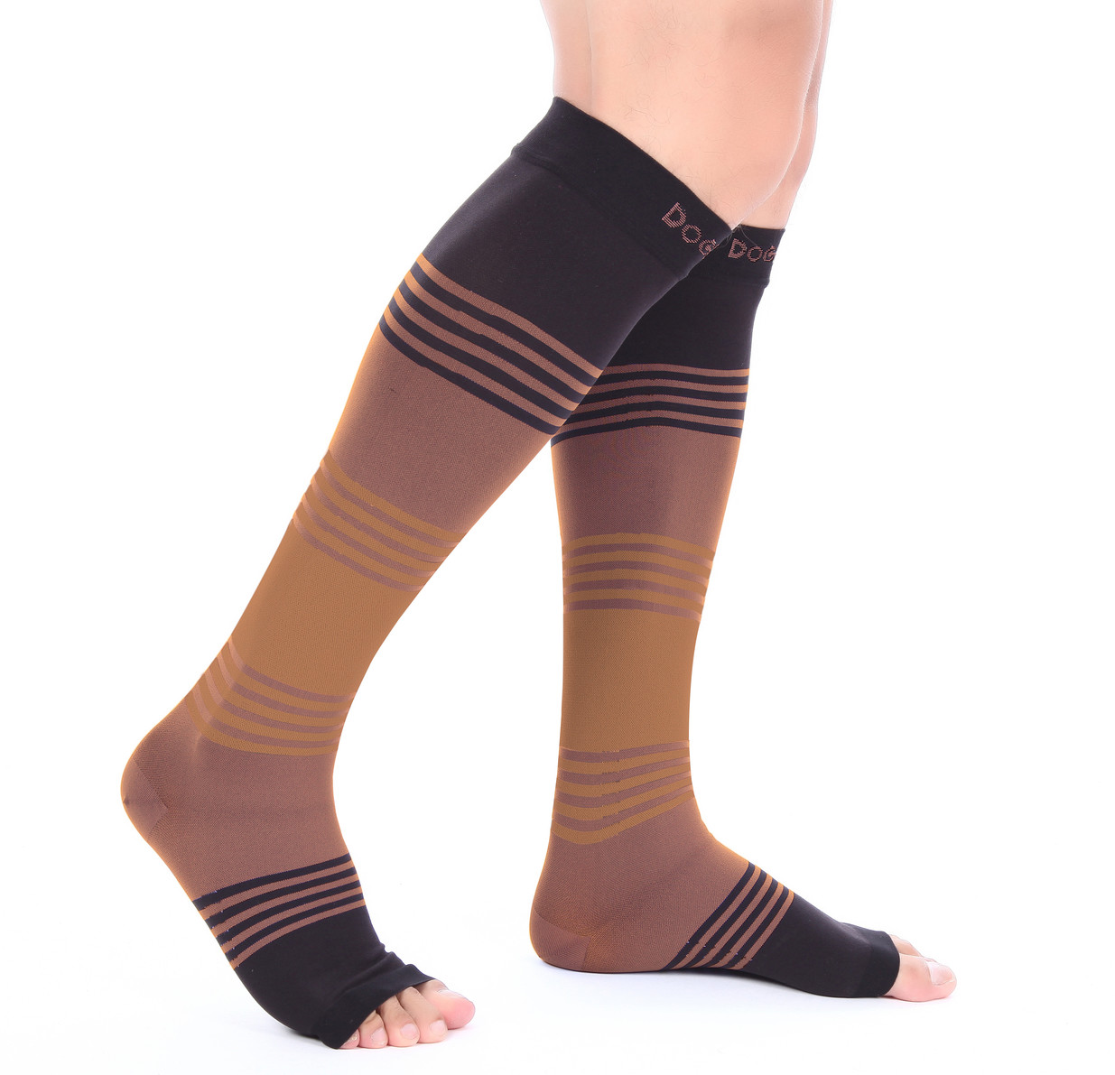 Doc Miller Open Toe Socks Compression Sleeve 20-30 mmHg Varicose Veins BLACK/TAN