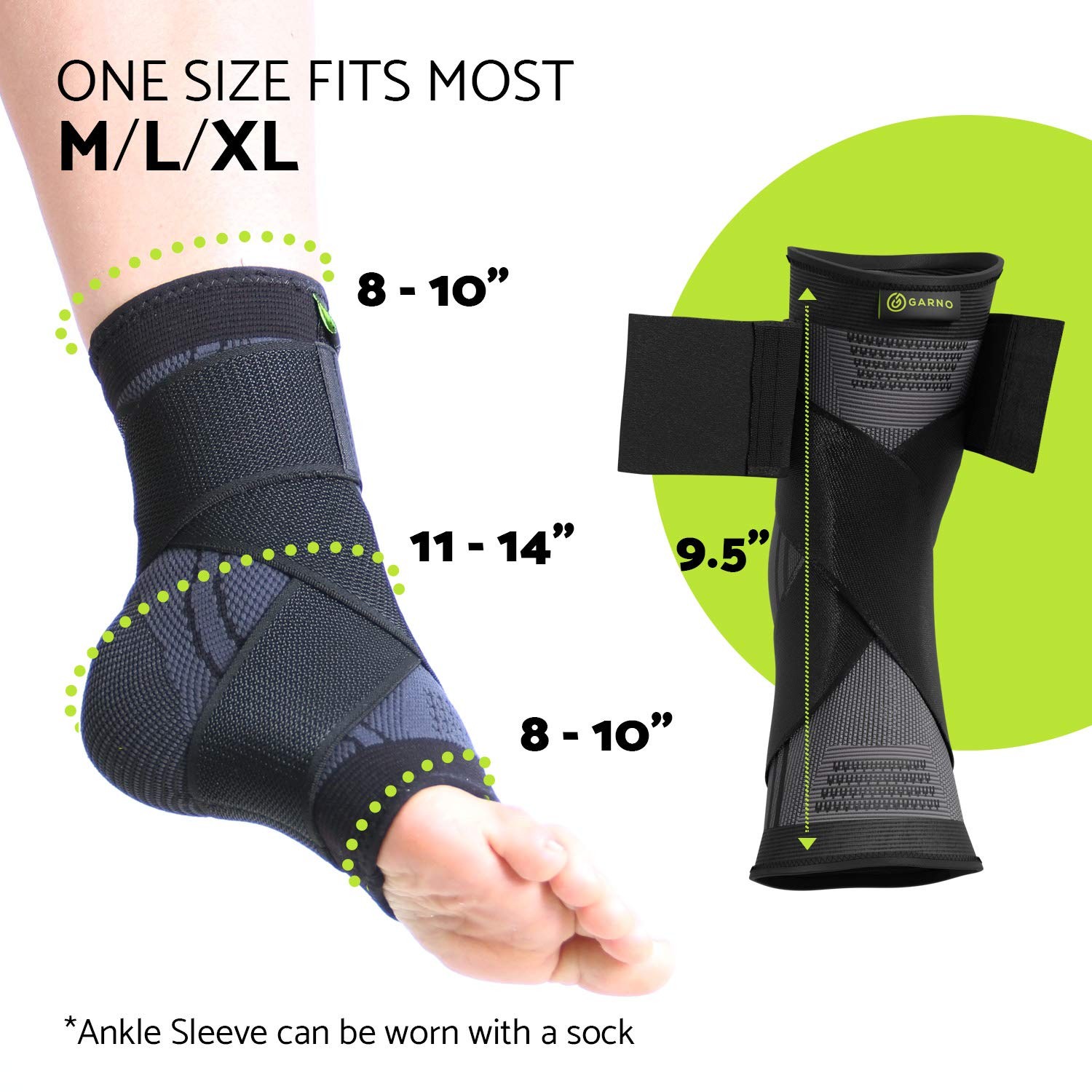 GARNO Ankle Brace – Compression Foot Sleeve with Adjustable One Size, Black
