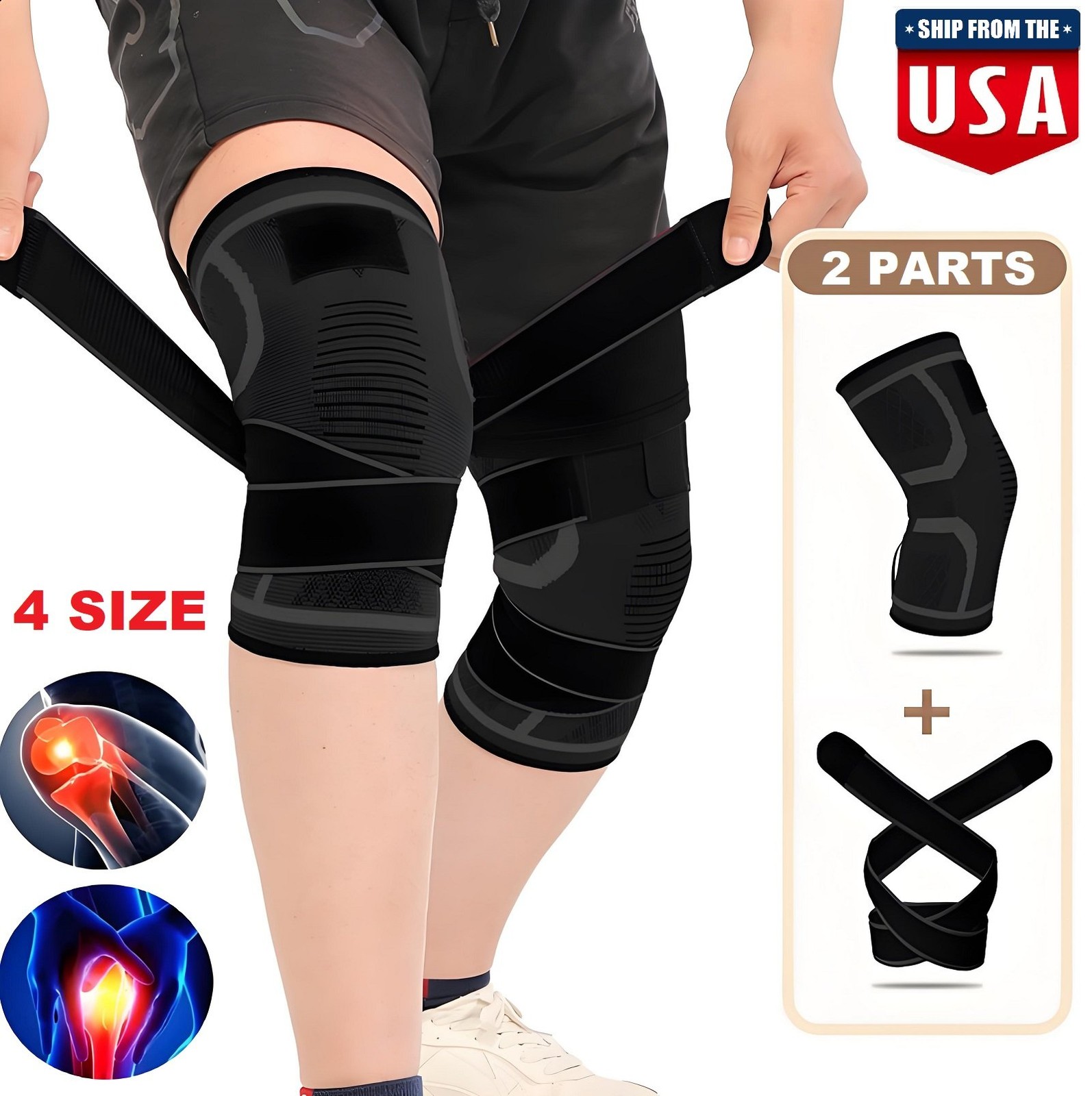 2PCS Knee Brace Compression Sleeve w/ Strap Pain Relief Knee Support Arthritis