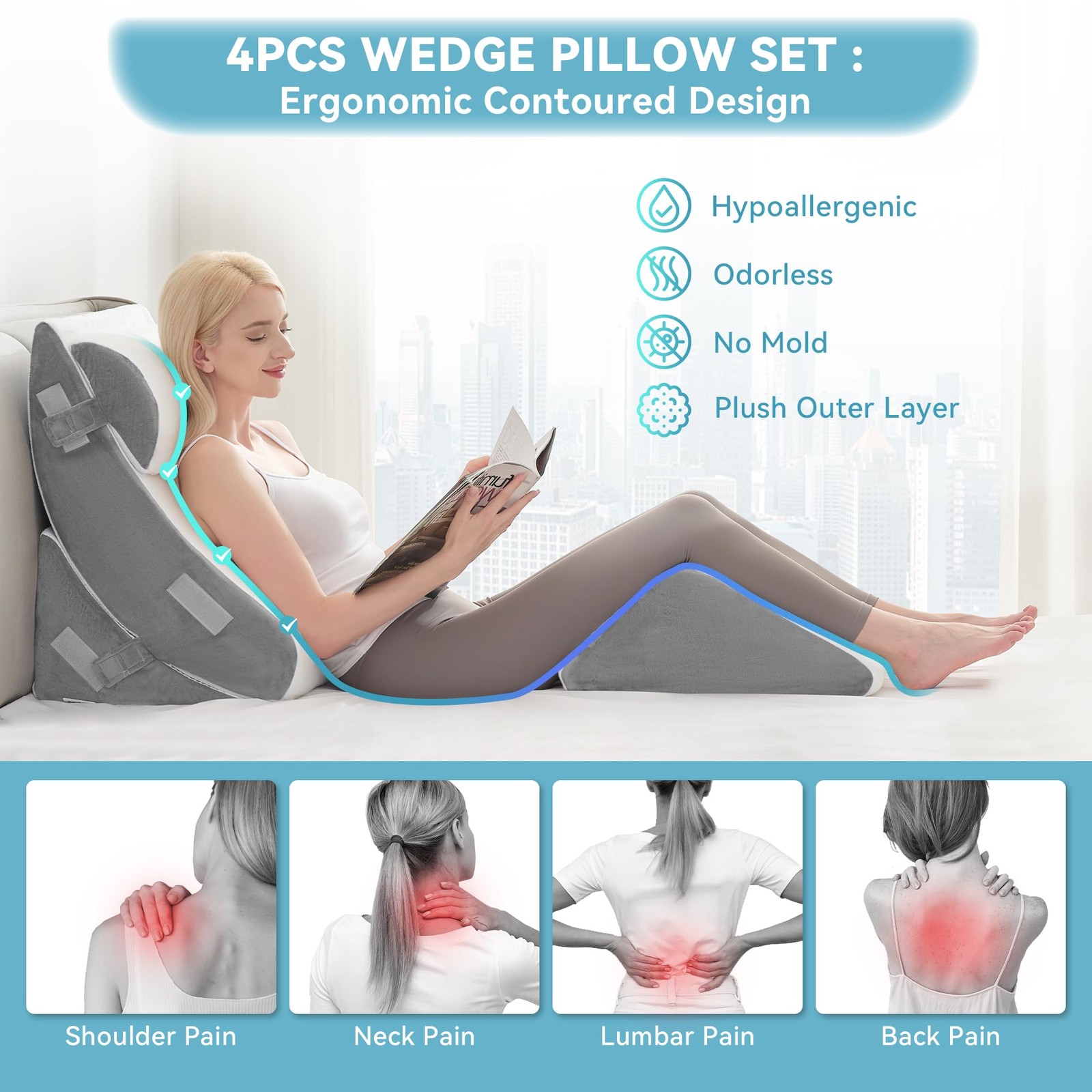 Kingfun 4PCS Orthopedic Bed Wedge Pillow Set for Sleeping, 4 Piece Set, White