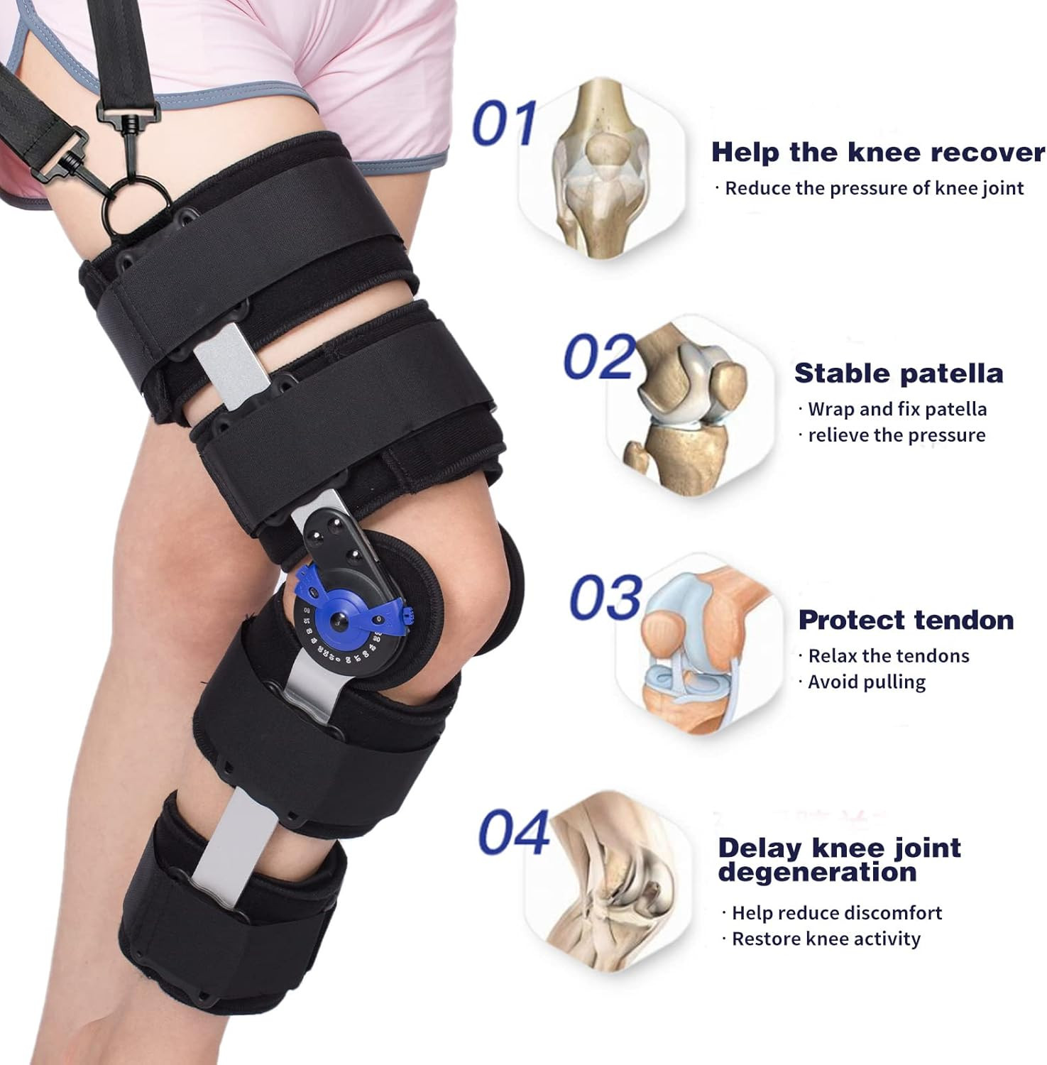 Hinged ROM Knee Brace Post Op Knee Brace Adjustable Knee Immobilizer Support wit