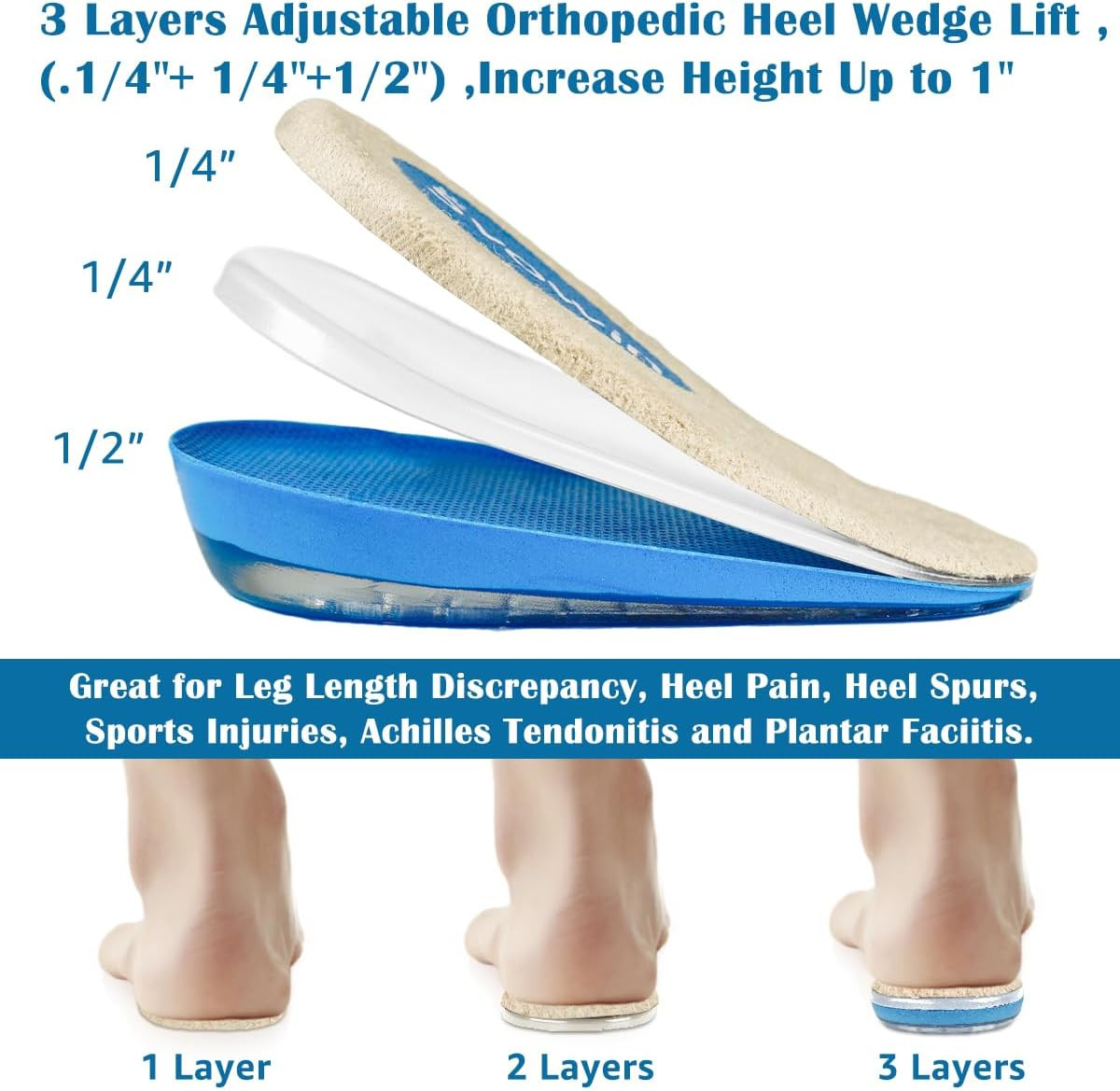 3 Layers Adjustable Orthopedic Heel Wedge Lift for Leg Length Discrepancies