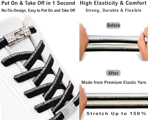 Elastic No Tie Shoe Laces with Bling Diamond Locks & Charms for Women’s Sneakers