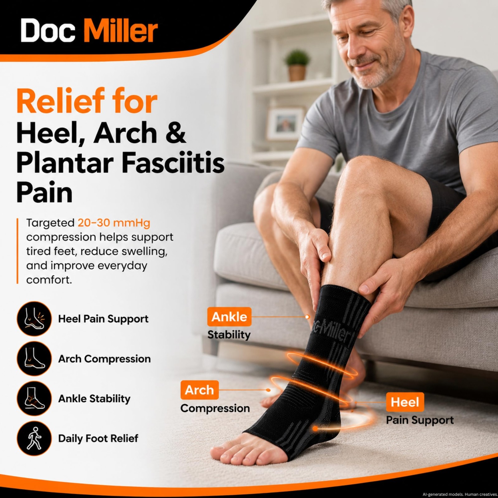 Doc Miller Plantar Fasciitis Compression Socks, 20-30mmHg, 1 2X-Large, Orange