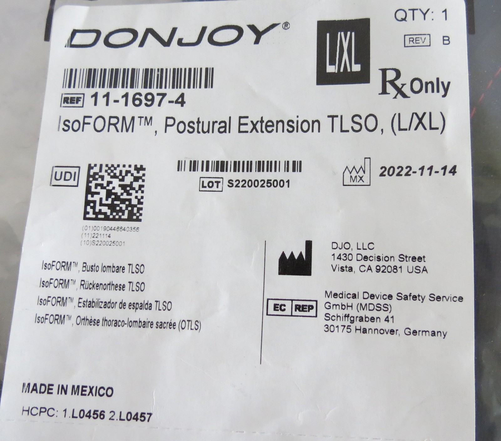 DonJoy Isoform Postural Extension TLSO Back Brace Size L/XL 11-1697-4 New in pkg