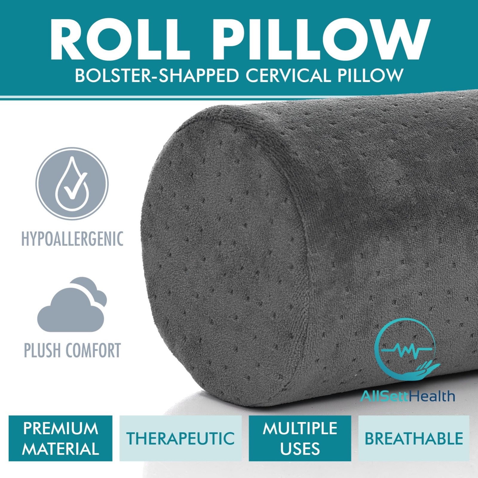AllSettHealth Gray Neck Roll pillow that emphasizes comfort, health benefits