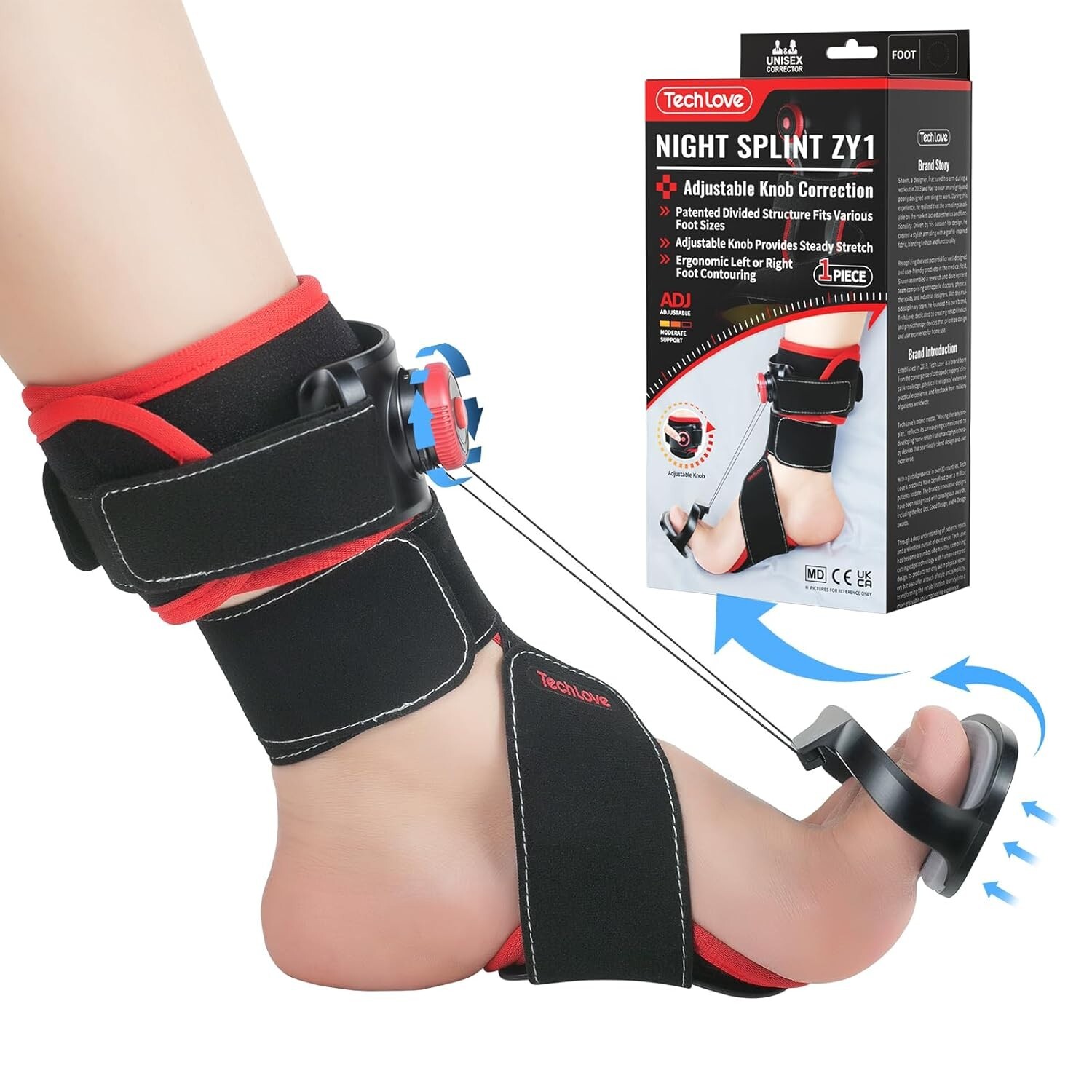 Tech Love Night Splint ZY1 – Adjustable Knob – Left Foot Correction Support -NIP