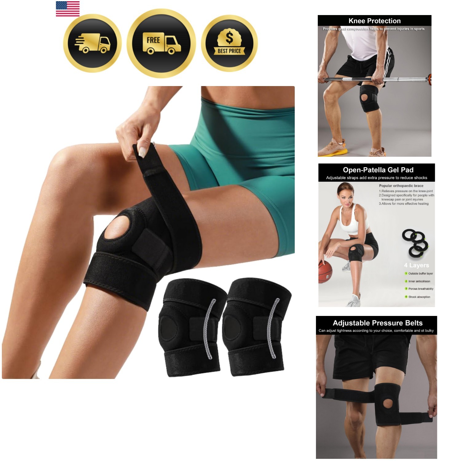 Knee Brace for Women Men with Side Stabilizers, 2 Pack Knee Braces for Knee P…