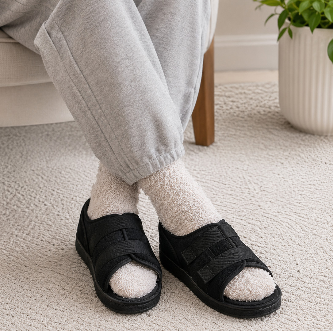 Adjustable Post-Op Recovery Foot Protectors / Medical House Slippers Black Large