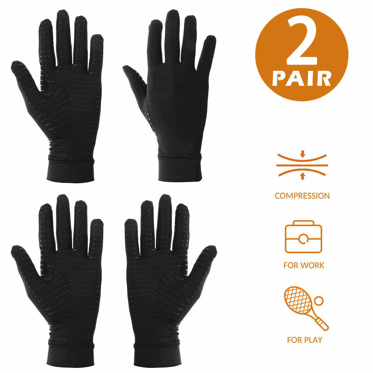 2 Pairs Men Women Full Finger Copper Compression Arthritis Gloves Relieves Pain