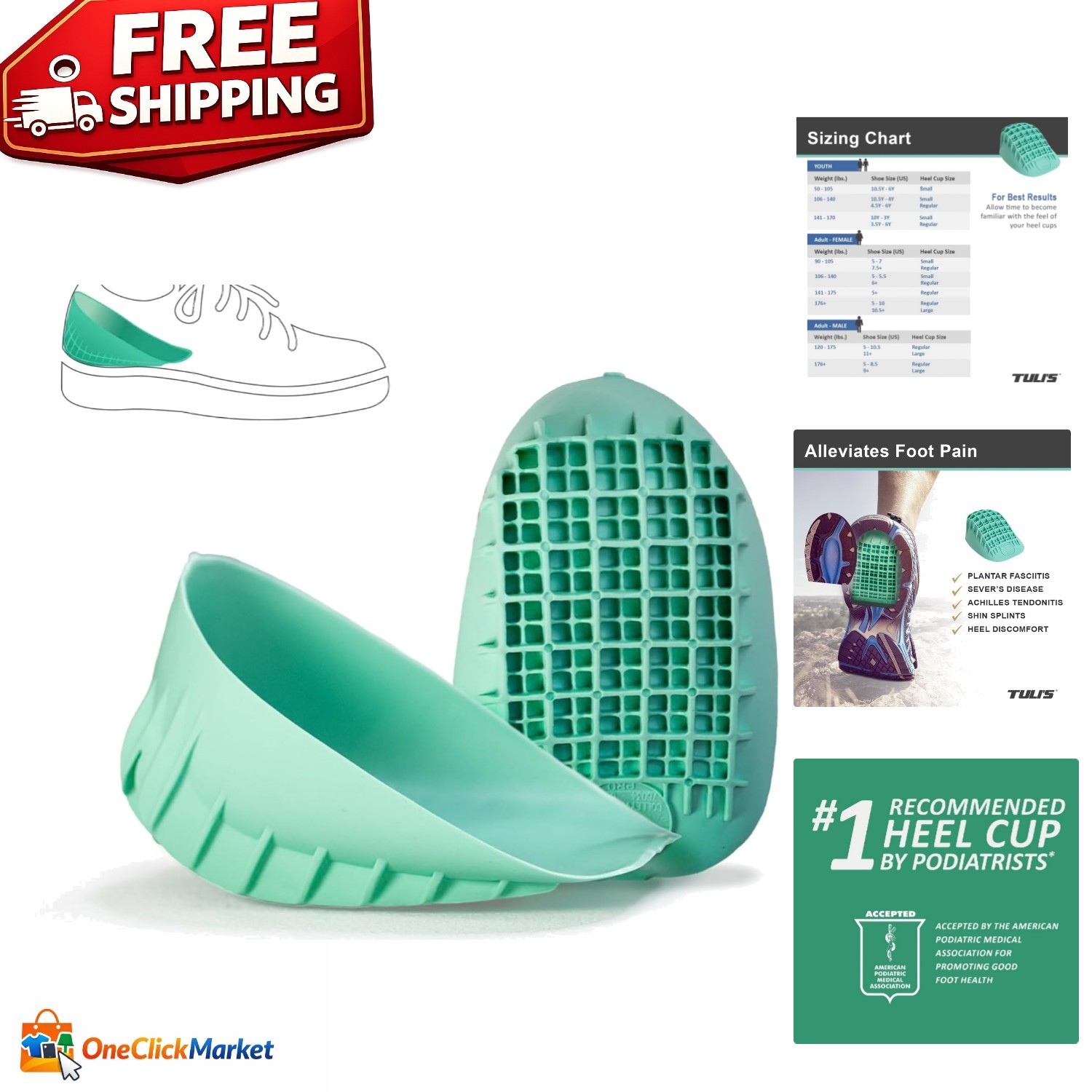 Podiatrist-Approved Tuli’s Heavy Duty Heel Cups – Alleviate Heel Pain – Green