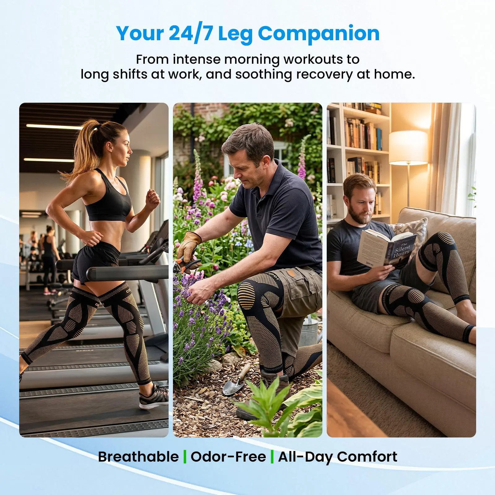 Copper Fiber Full Leg Compression Sleeves, 20-30Mmhg Graduated Support with 4-Wa