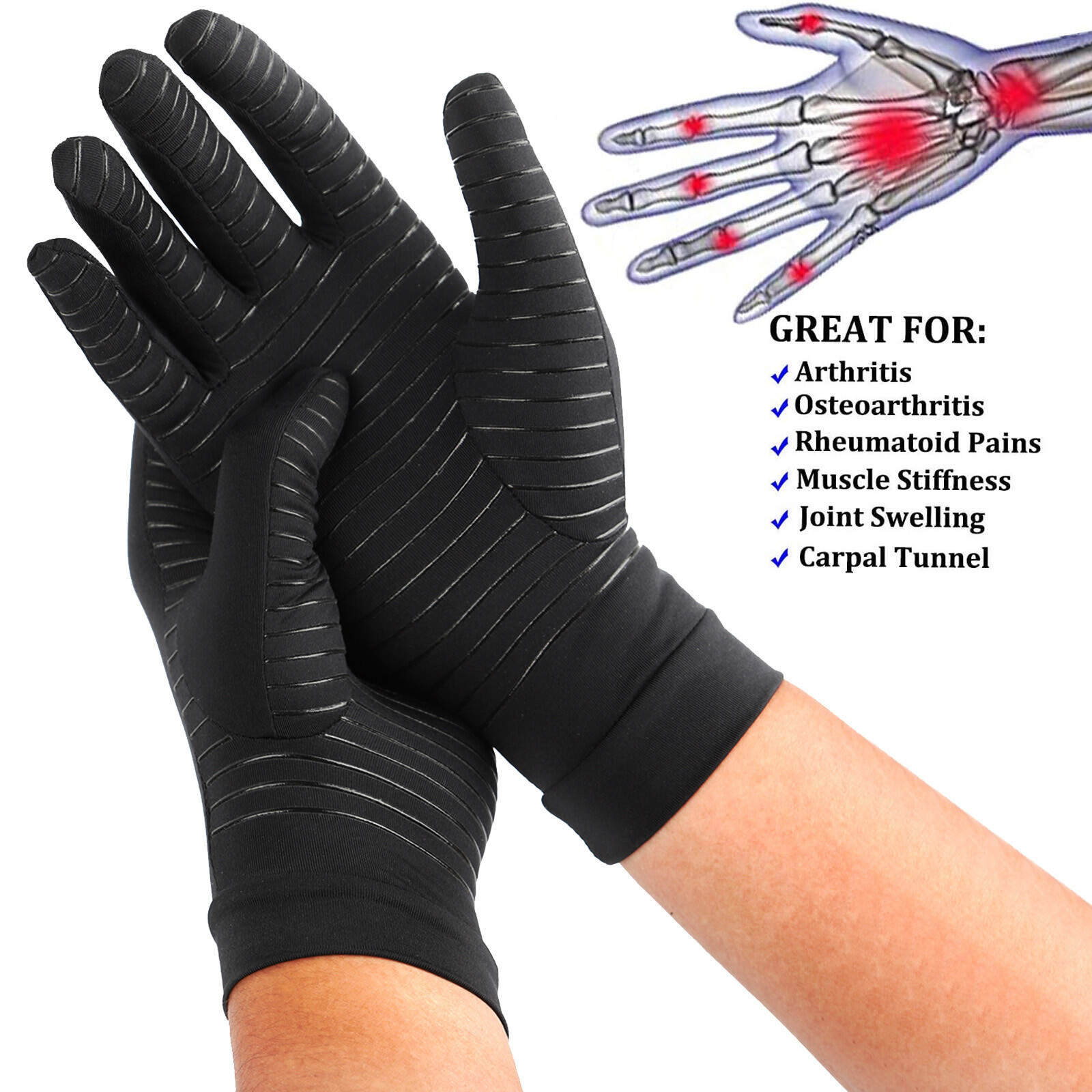 Copper Arthritis Compression Gloves Hand Support Pain Relief Joint Self Care