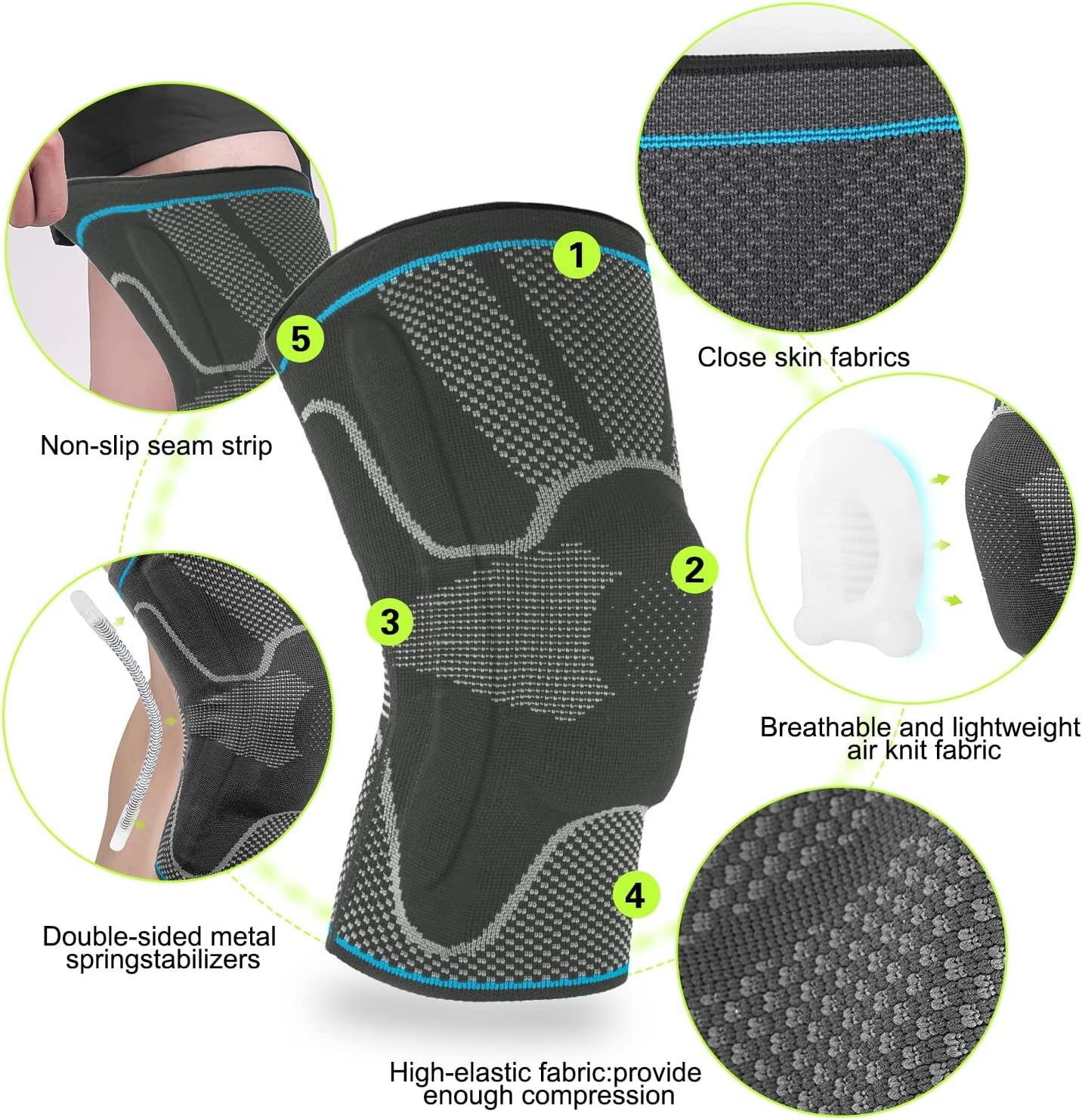 SOOVERKI Knee Brace, Knee Compression Sleeve Support with Patella Gel Pads-XL-