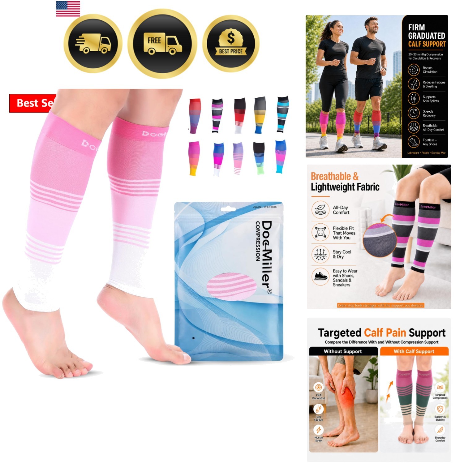 Calf Compression Sleeve for Men & Women – 20–30 mmHg Graduated Compression, F…