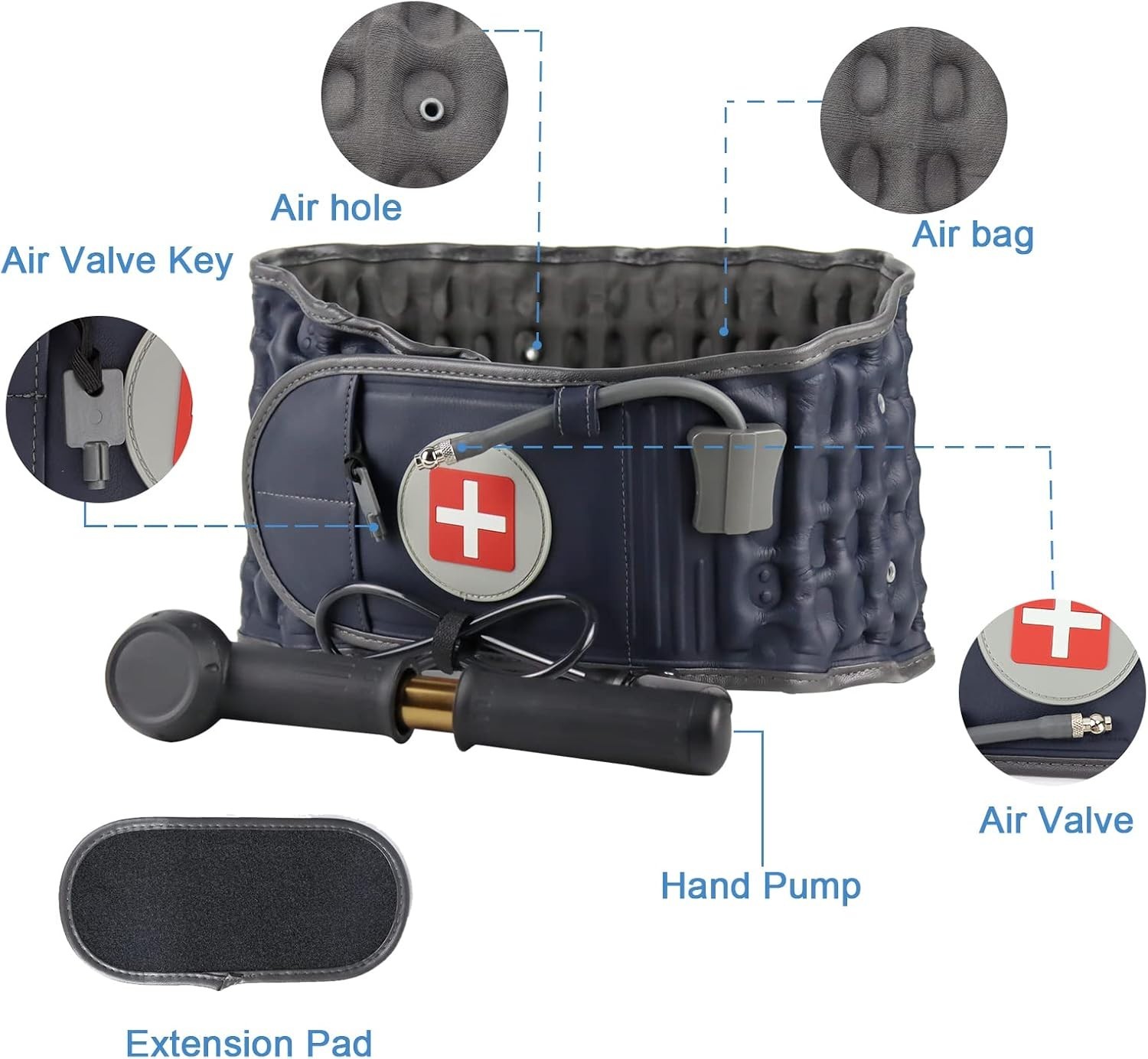 Inflatable Lumbar Support Belt, One Size, Blue, Hook and Loop