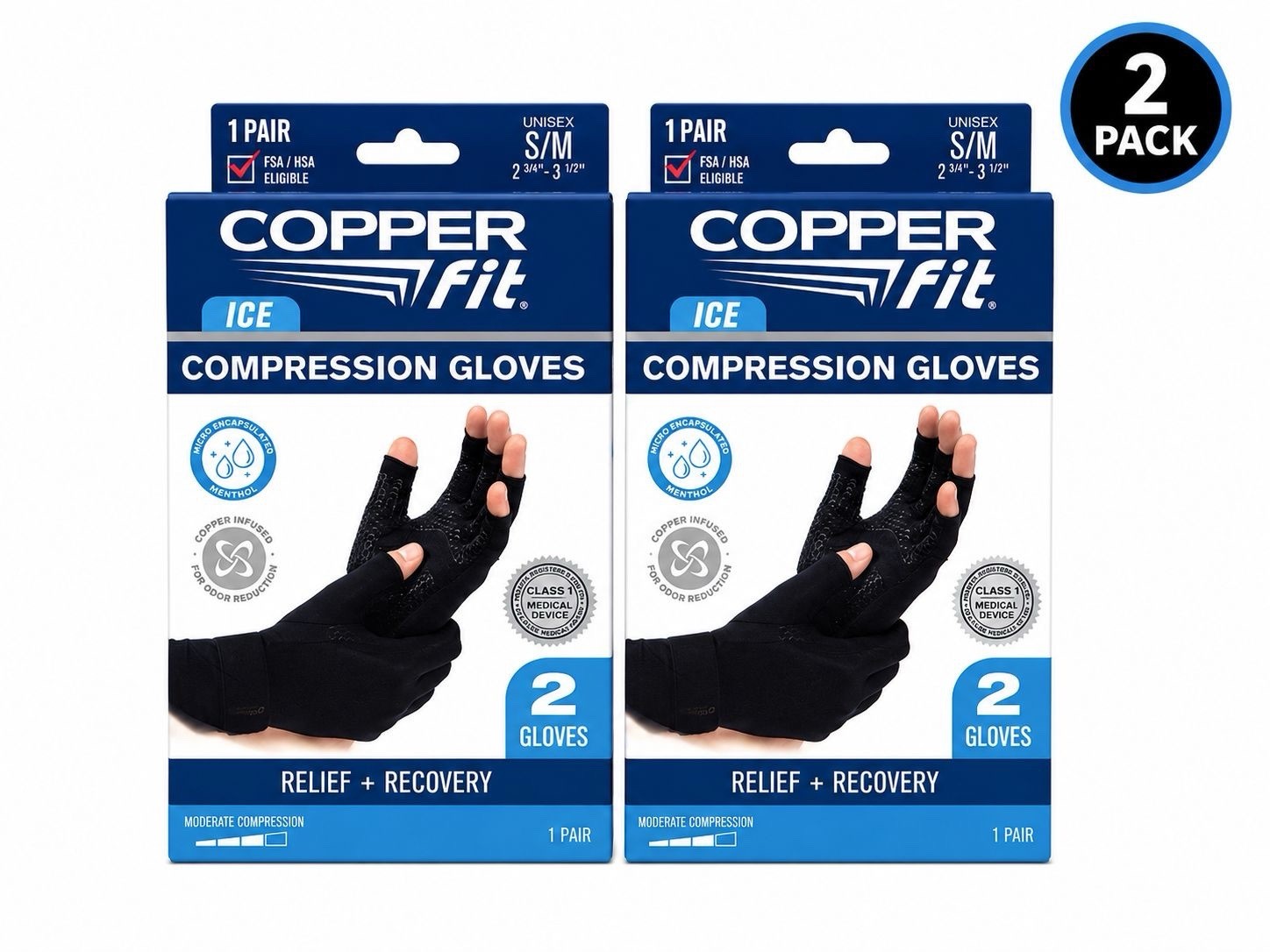 (2 Pack) Copper Fit ICE Compression Gloves For Relied & Recovery 1 Pair Each M43