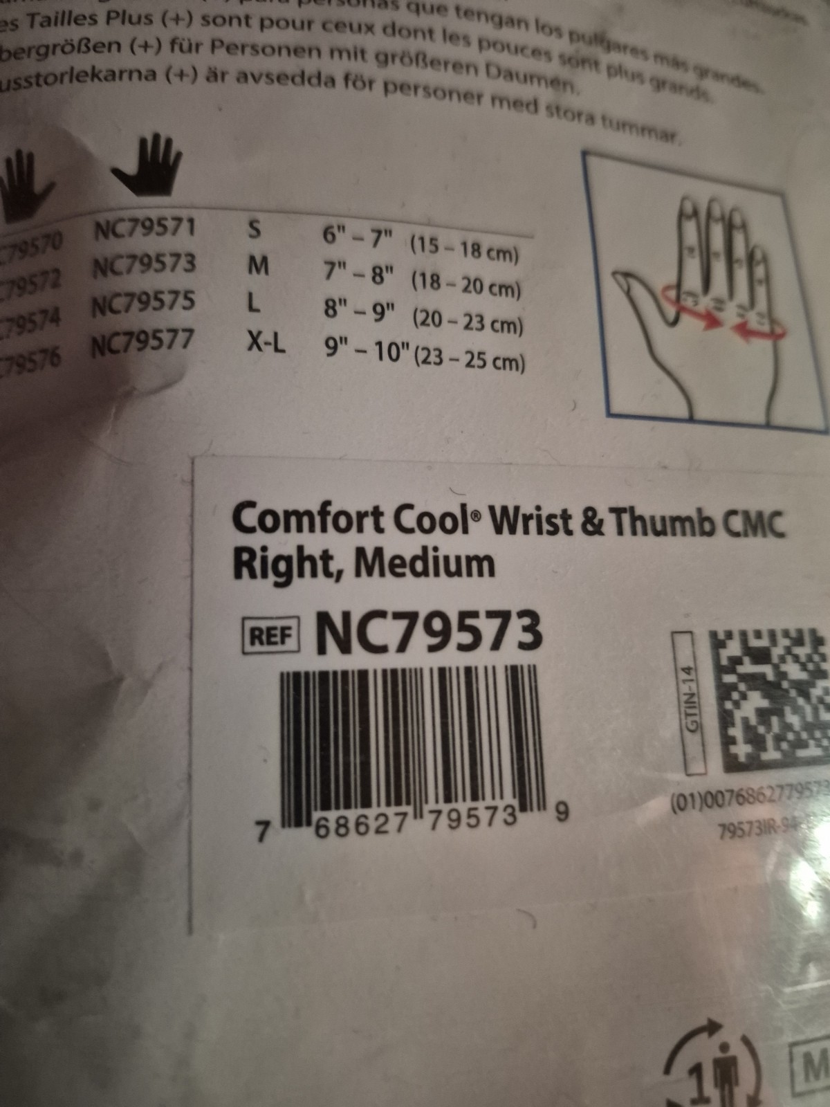 Comfort Cool Thumb Restriction Splint, Medium, Right Hand NC79573 Black New