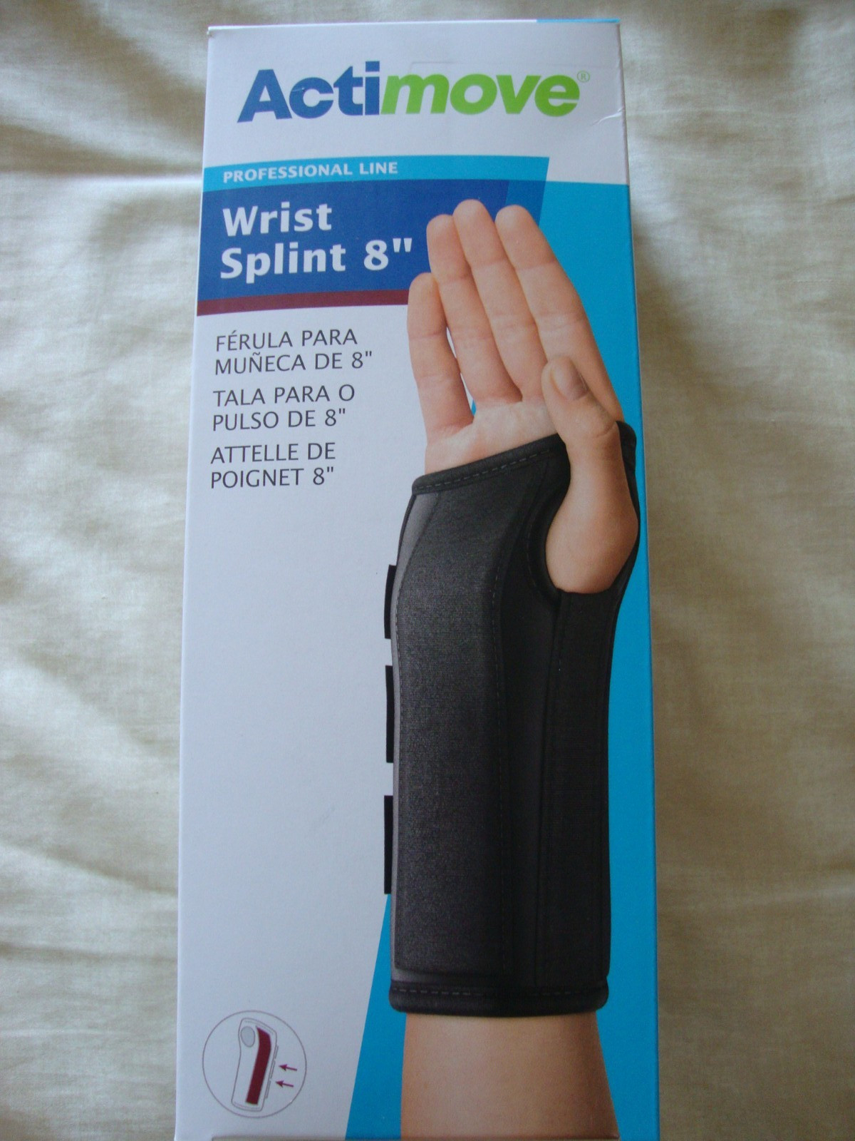 ACTIMOVE PROFESSIONAL LINE WRIST SPLINT 8 INCH, LEFT HAND, BLACK, MEDIUM, NEW