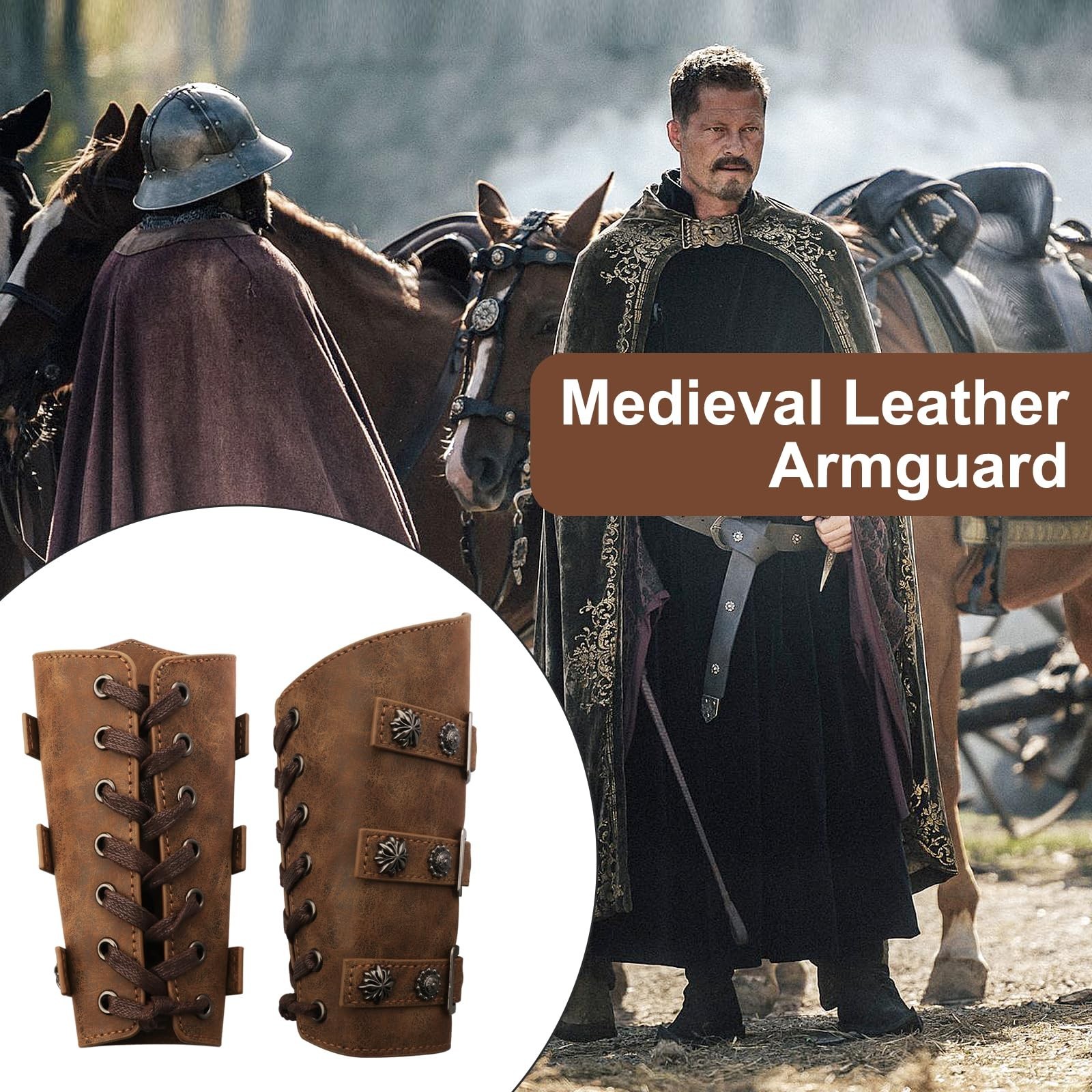 Medieval Leather Arm Bracer Gauntlet Wristband – Brown Buckle Cuffs for Costumes