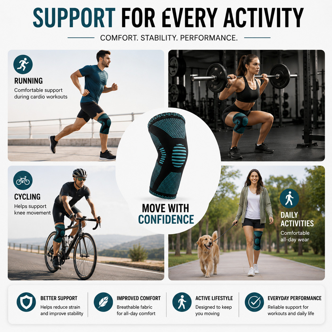Compression Knee Sleeve Brace Support for Men Women Leg Pain Medium
