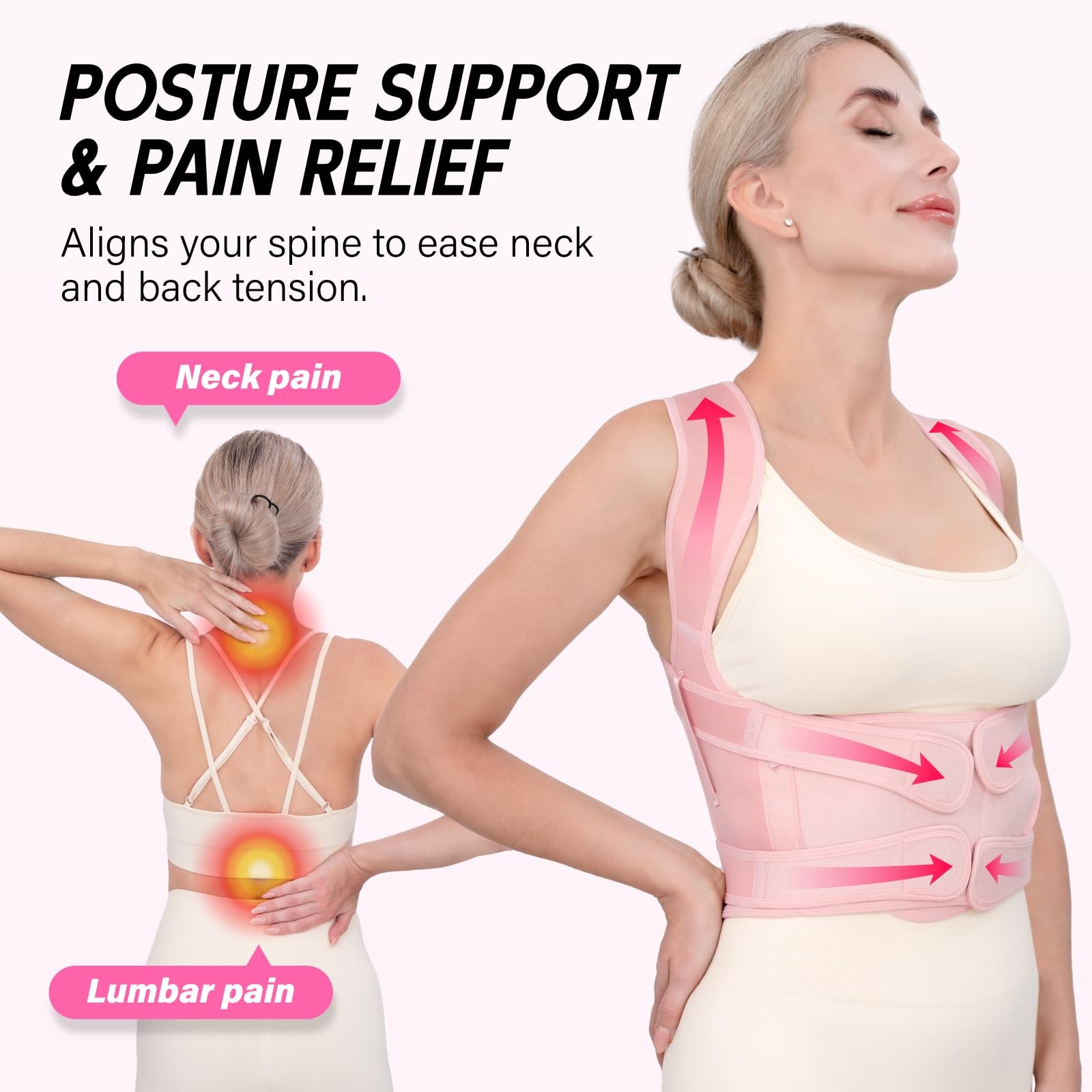 LuxuMach Back Brace Posture Corrector for Women & Men, Medium, Pink