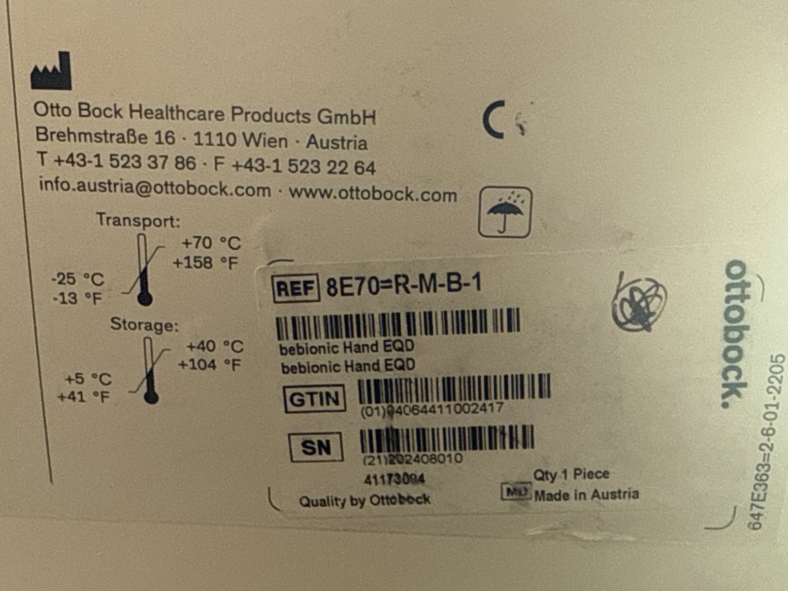 Ottobock Otto bock EQD bebionic 8e70=R-M prosthetic hand. New. Right. Size med.