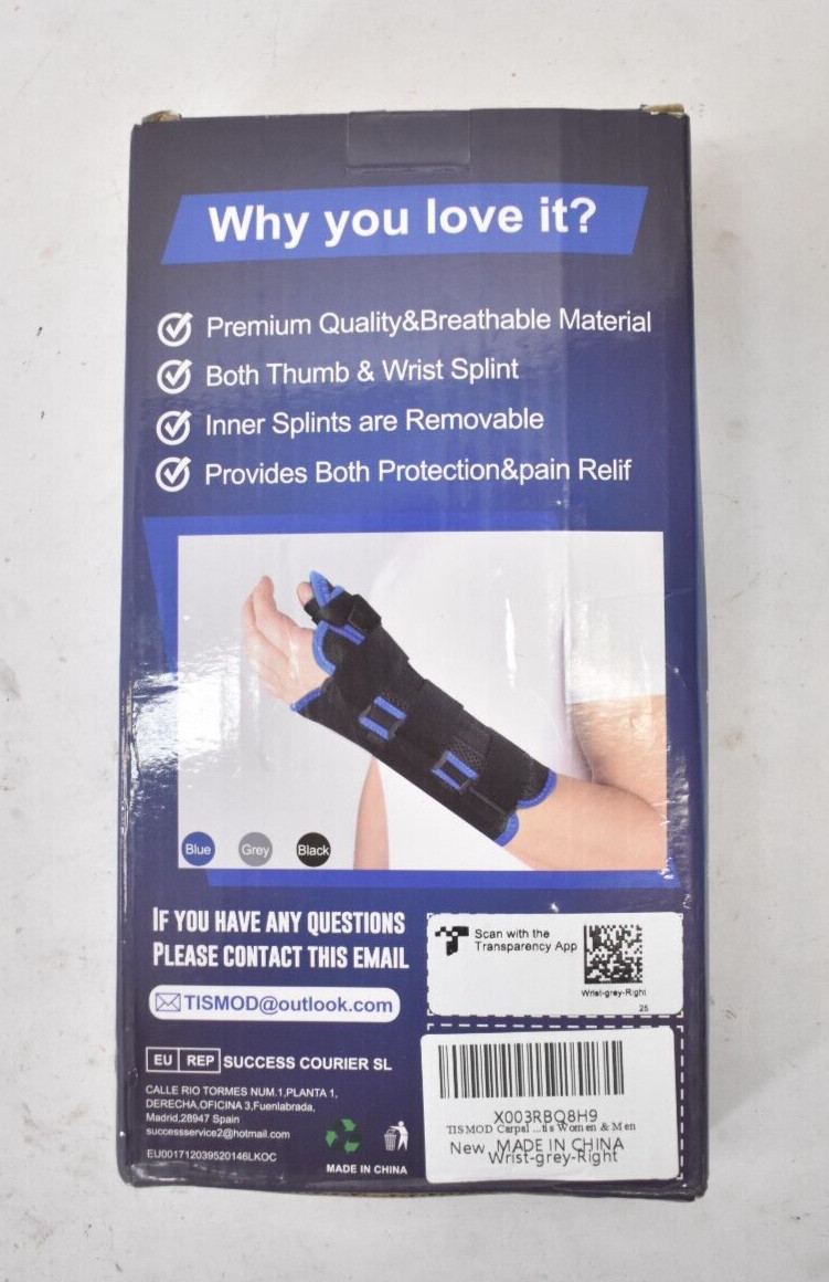Tismod Carpal Tunnel Wrist Brace w Thumb Support Adjustable Gray Right Hand